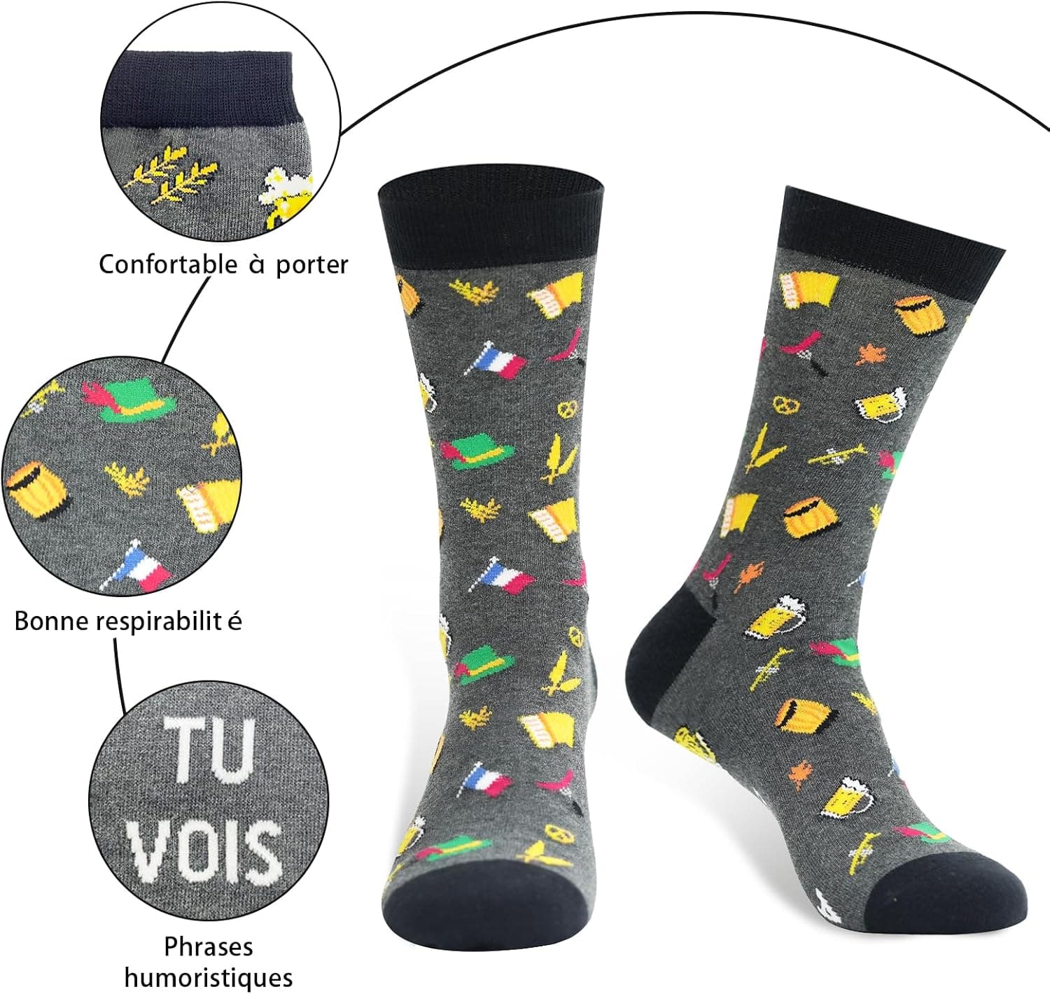 Chaussettes Homme Humour Rigolotes 39-46 Cadeau Homme Rigolo | Idée cadeau originale avec motifs bière et styles amusants, parfaite pour Noël, anniversaire ou fêtes spéciales.