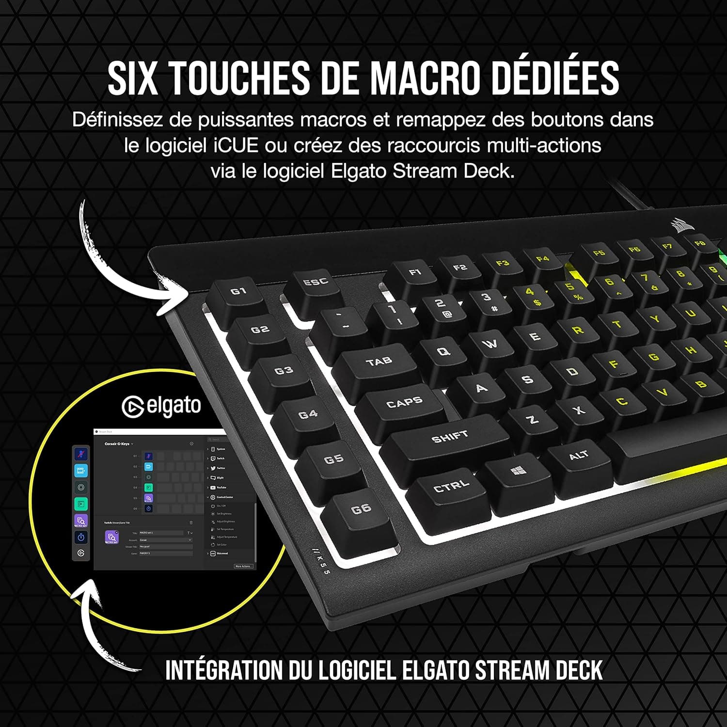 Corsair K55 RGB Pro Clavier de Jeu Filaire à Membrane (AZERTY FR) – Noir | IP42 Résistant à la Poussière et Aux éclaboussures, 6 Touches Macro Intégration Elgato, PC, Mac, Xbox