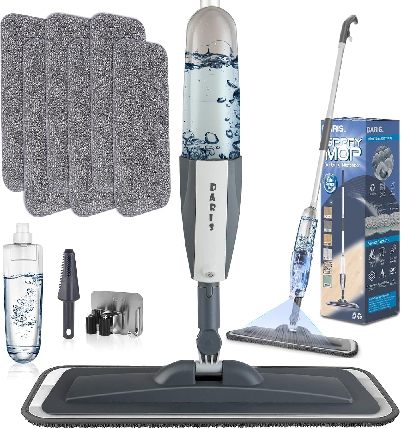 Balais Serpillère Vaporisateur,Spray Mop Microfibre Balai Pulvérisateur avec 6 tampons en Microfibre et1*Porte Balai pour la Maison, la Cuisine, Le Bois Dur, Le Stratifié, Le Bois, la Céramique