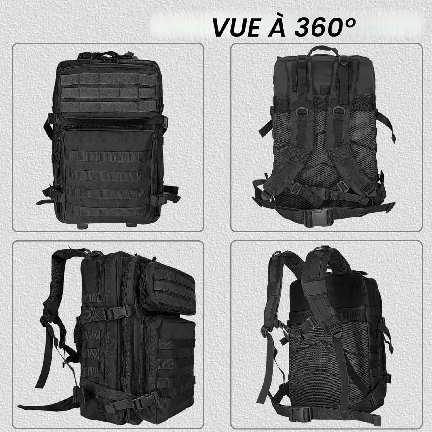 HEMSO Grand Sac à Dos Militaire 45L,Sac de Voyage Système MOLLE,Sac Crossfit de Sport pour Randonnée Trekking Moto Camping Voyage Pêche Alpinisme École (Noir)