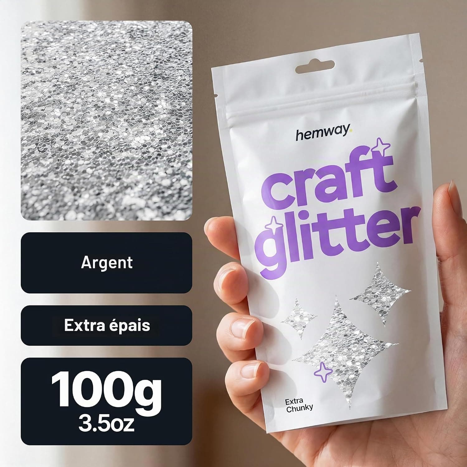 Hemway Craft Glitter 100 g 3,5 oz extra Chunky 1/24" 0.040" 1MM (Argent)