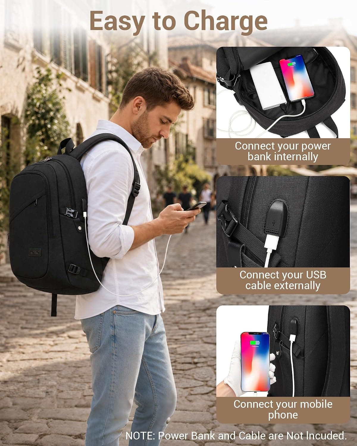 Kono Sac à Dos Ordinateur Portable Antivol avec Cadenas 15,6 Pouces Homme | Port USB, Compartiment PC Rembourré, Sac à Dos PC Portable, Homme Femme, Travail, Voyage, Vélotaf, Université, Noir
