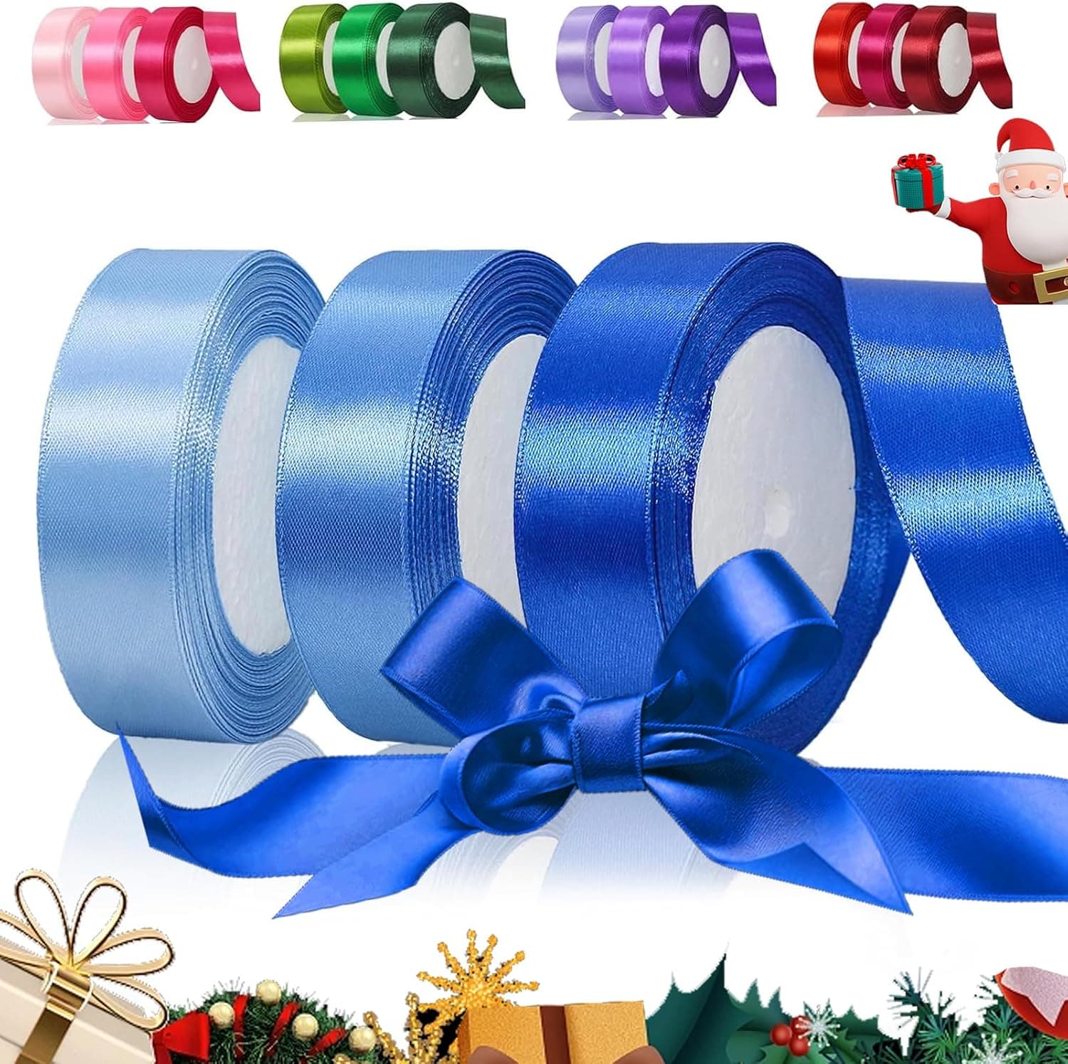 Ruban Satin Bleu 25mm, 66m Double Face Polyester pour Présents, Artisanat DIY, Décorations Saint-Valentin Mariage Anniversaire (22 m/Rouleau)