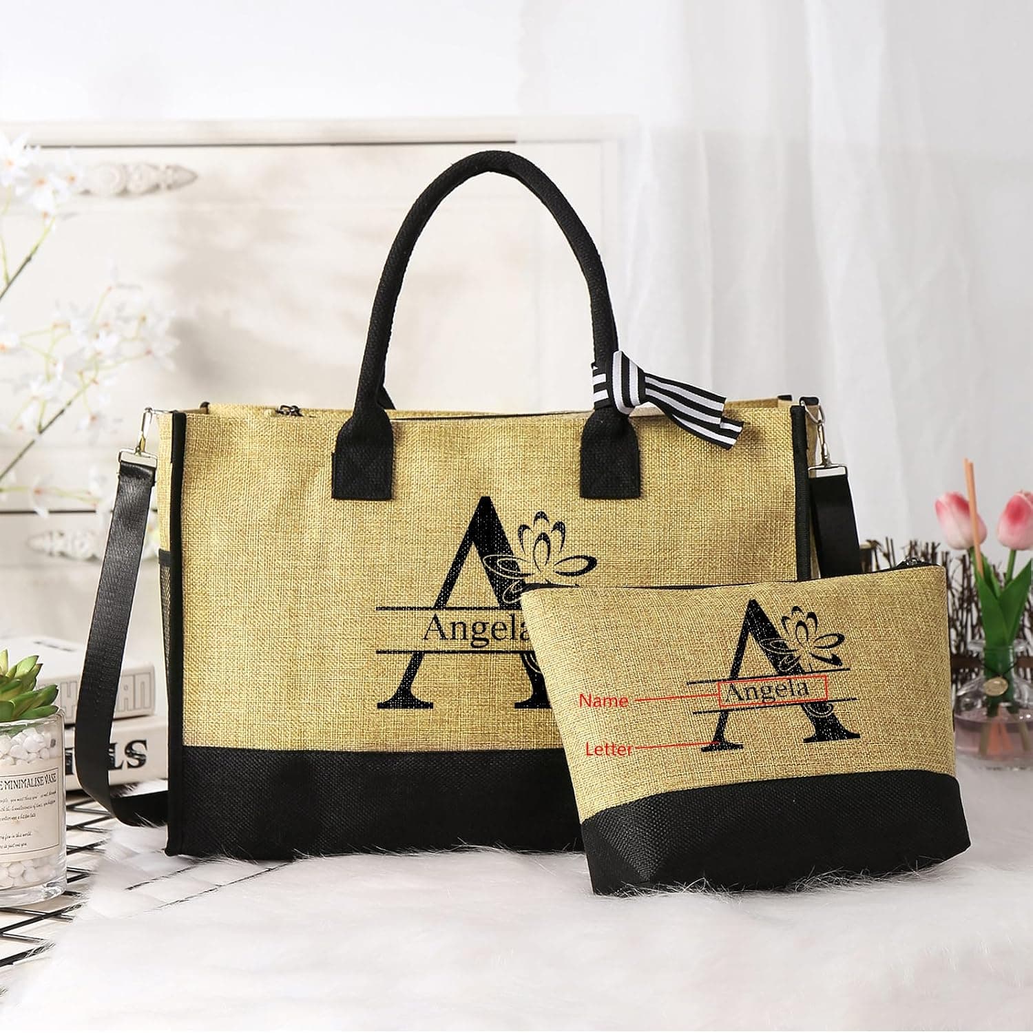 Personnalisé Sac à Main Sac Fourre Tout Grand Sac à Provisions Nom Naissance Fleurs Sac à Bandoulière Avec Fermeture éclair Cadeaux Pour Mère Noël Anniversaire Fête Des Mères