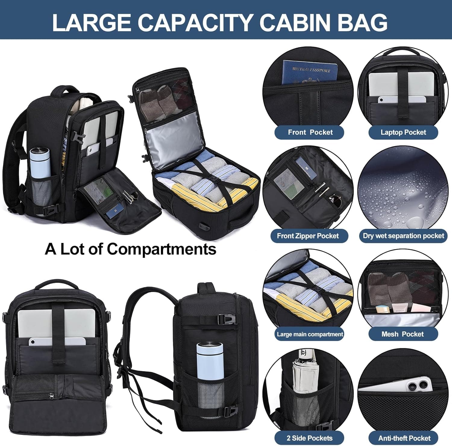 Bagage Cabine 40x30x20 Pour Ryanair Sac a Dos Voyage Cabine Avion pour Wizzair Eurowings 24L Sac 40x30x20 Bagage à Main avec USB Charging Port Sac à Dos Ordinateur Portable 14 Pouces Homme Femme Noir
