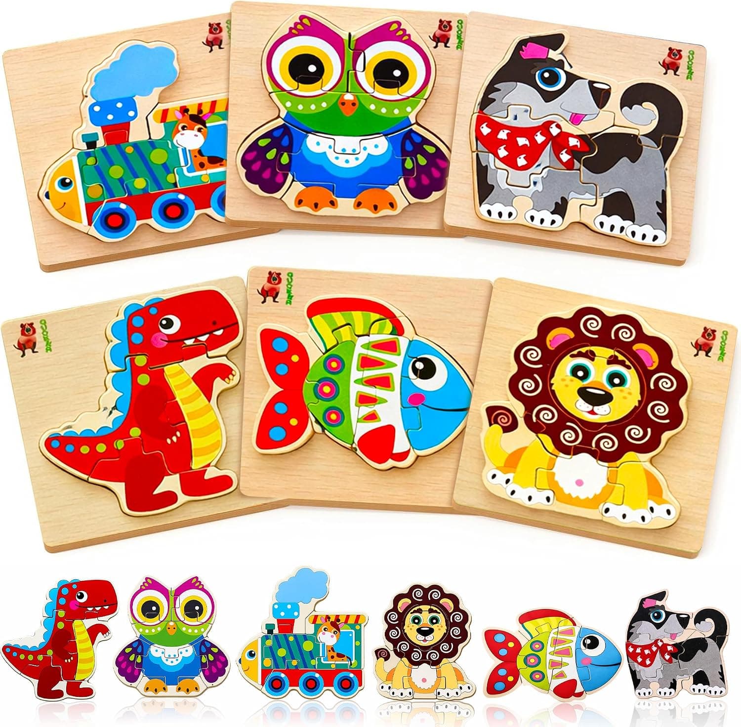 Lot de 6 puzzles en bois pour tout-petits de 1 à 3 ans - 6 puzzles épais