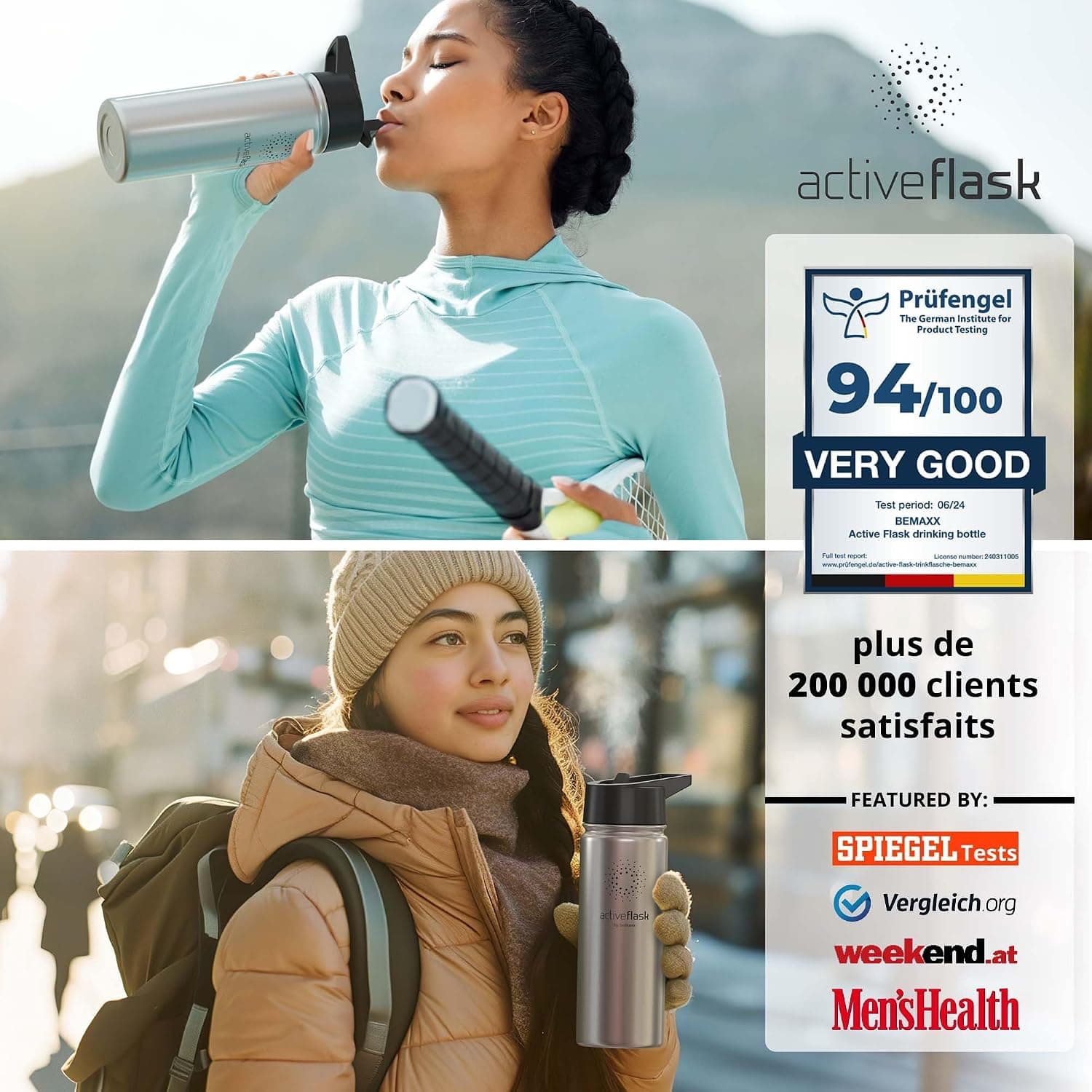 Gourde Inox Isotherme ACTIVE FLASK 1l/500ml sans BPA + Paille (3 Bouchons) | Bouteille d’eau Acier Inoxydable Isolée, Thermos Réutilisable | Camping Velo Sport Running Randonnée Enfant, Café The