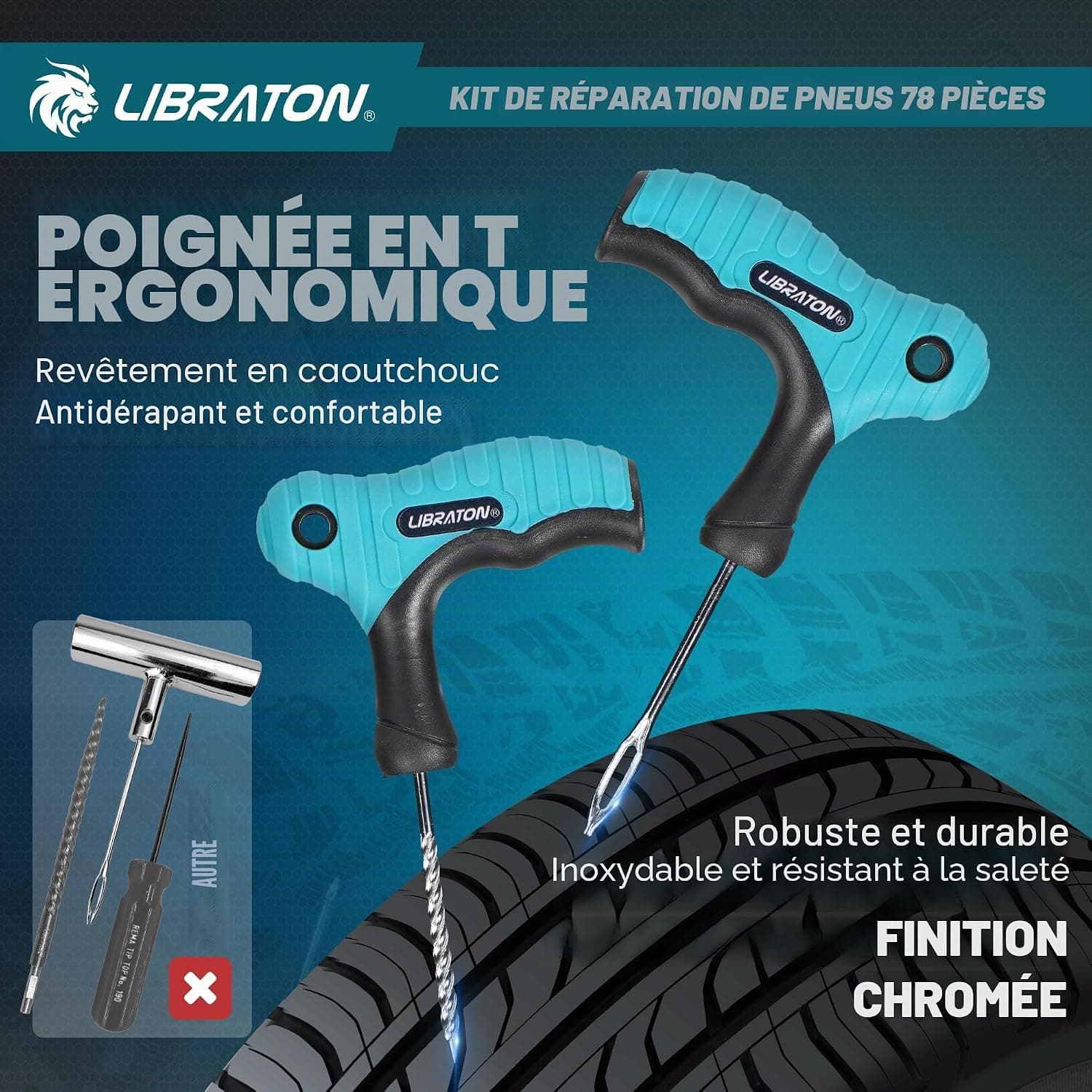 LIBRATON Meche Pneu Crevaison, 78PCS Kit Reparation Pneu Voiture Robuste