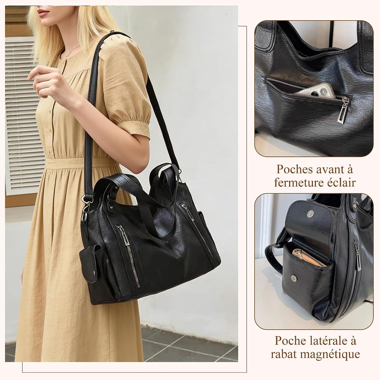 Sac À Main Femme PU, Sac Épaule Bandoulière, Cabas Moyen | Sac Moyen Femme Y2K Vintage, Style Rétro Élégant, Rigide Grande Capacité Pour Travail, Shopping, Voyage Quotidien