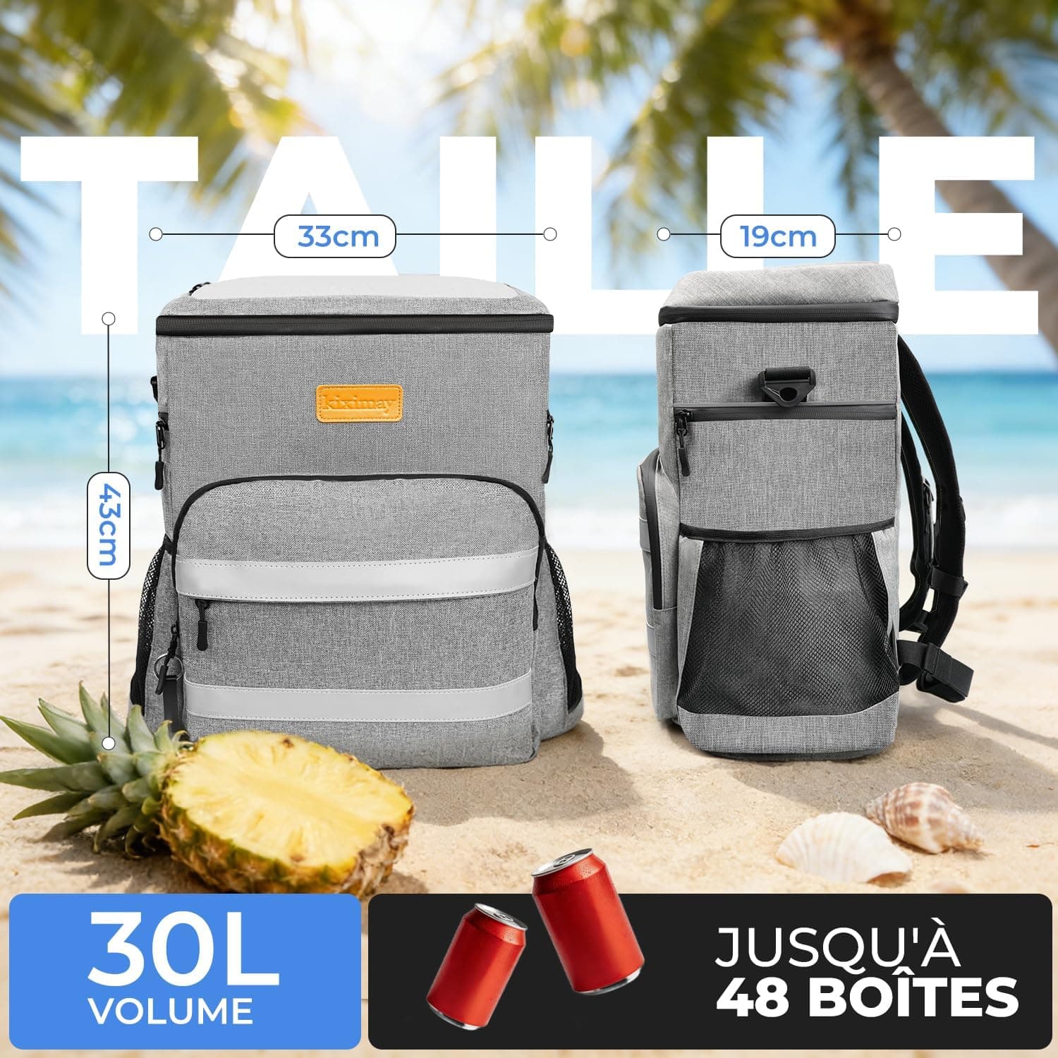 Sac à Dos Isotherme 30L Pliable - Grand Capacité, Maintient au Frais 24H, Léger et Imperméable pour Pique-Nique, Plage, Voyage, Pêche, Barbecue, Gris