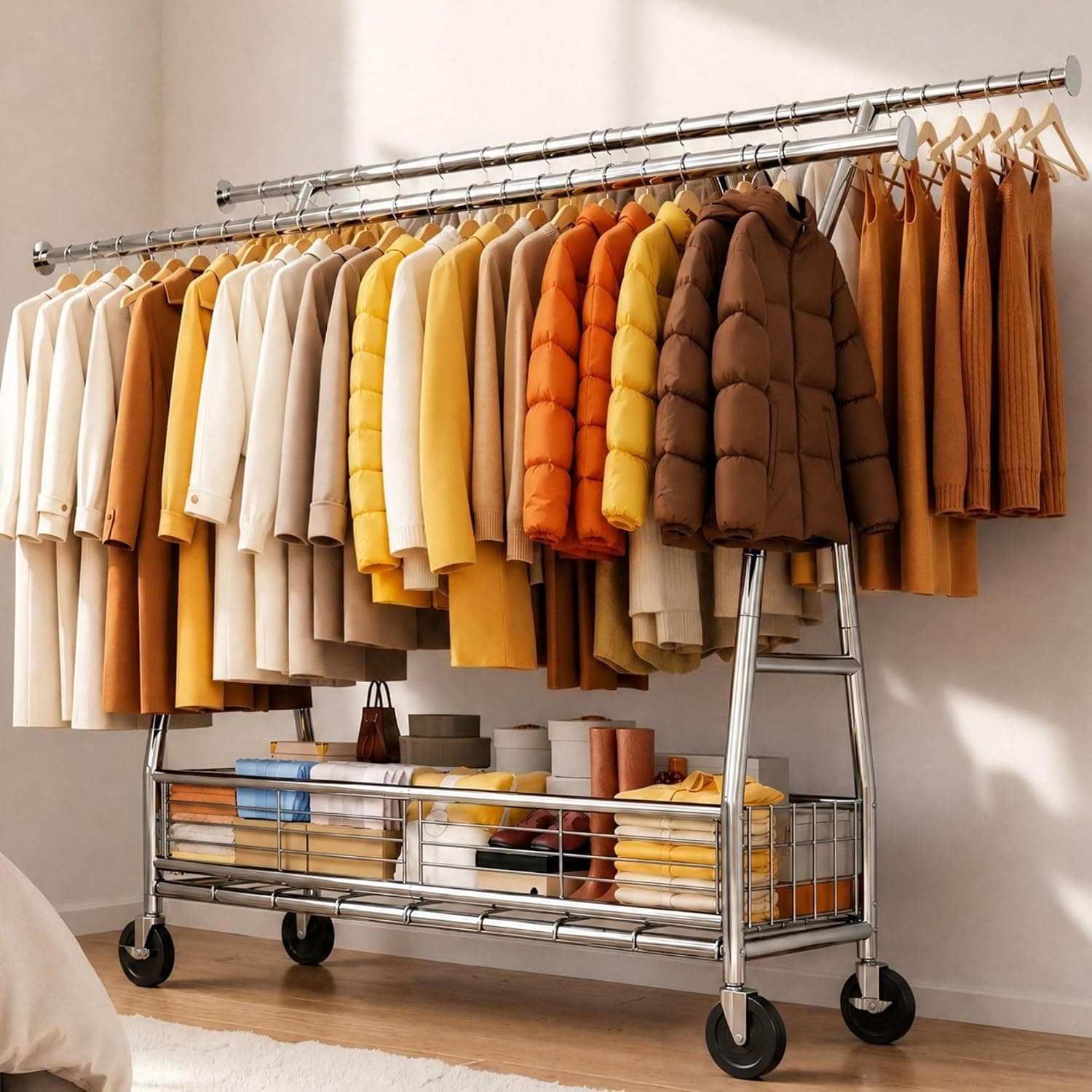 Portant à Vêtements Solide à Roulettes avec Panier, charge 300KG