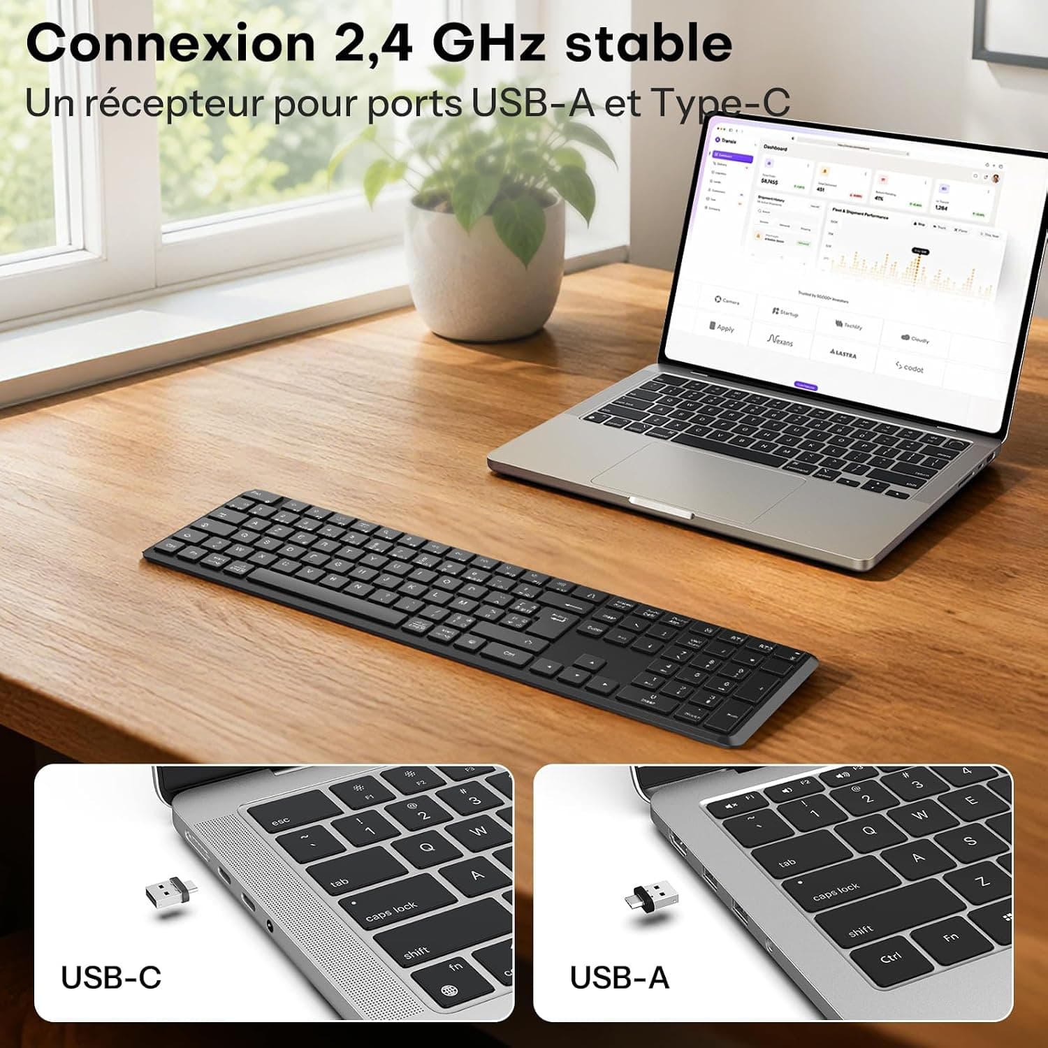 OMOTON Clavier sans Fil Bluetooth + 2.4G AZERTY pour PC/Windows/Mac, Noir | 3 Canaux Multi-appareils, Pleine Taille, Rechargeable USB-C, Ultra-Mince, Silencieux, Les Ciseaux, Ergonomique