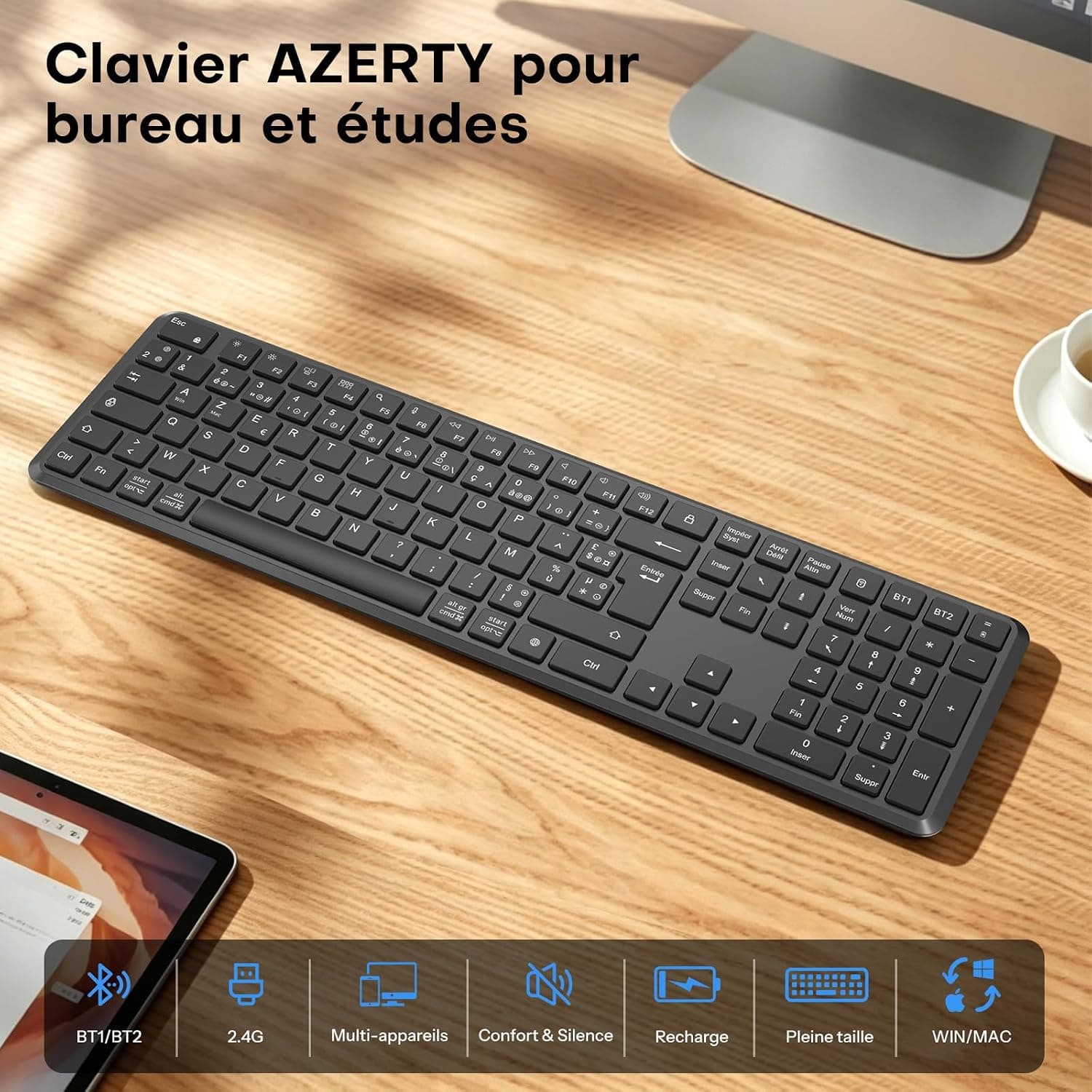 OMOTON Clavier sans Fil Bluetooth + 2.4G AZERTY pour PC/Windows/Mac, Noir | 3 Canaux Multi-appareils, Pleine Taille, Rechargeable USB-C, Ultra-Mince, Silencieux, Les Ciseaux, Ergonomique