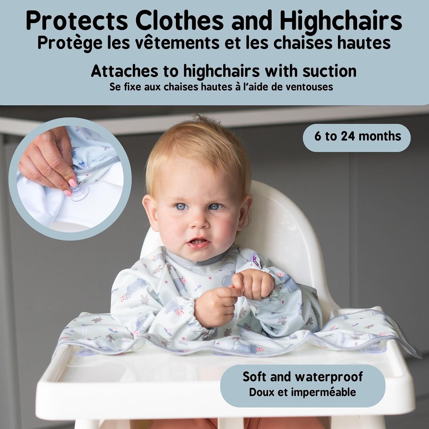 Tidy Tot®TM Cover & CatchTM Bavoir couvrant pour bébé. Bavoir d'alimentation avec manches. Se fixe sur les chaises hautes. Bavoirs à manches. Bavoirs DME pour chaise haute de nourrisson, bébé et enfant.