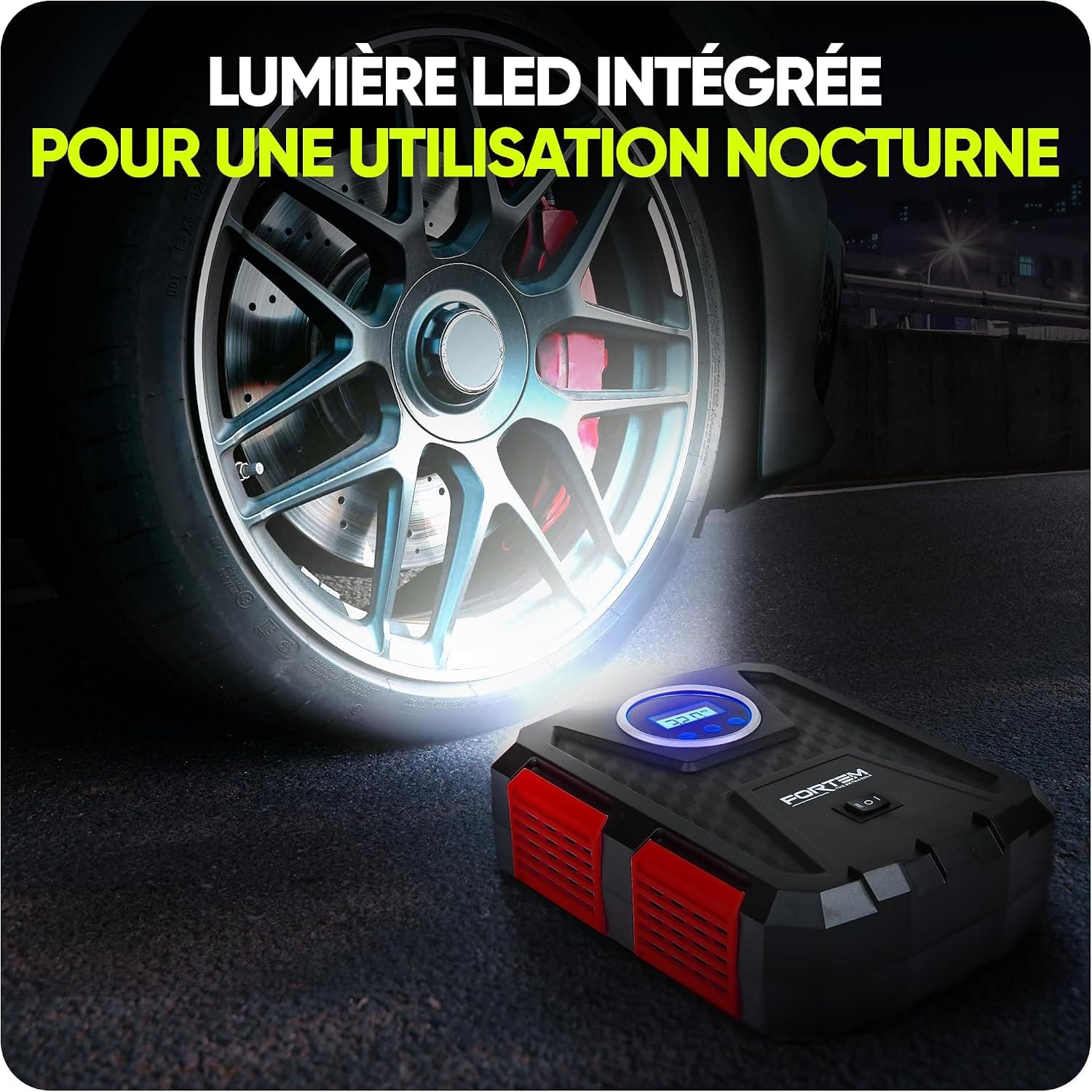 FORTEM Gonfleur pneus Voiture - Compresseur 12V - Compresseur à air portatif Automatique (150 PSI) - Gonfleur Pneu Voiture avec éclairage LED - Compresseurs d'air Portatifs - Moto & Vélo