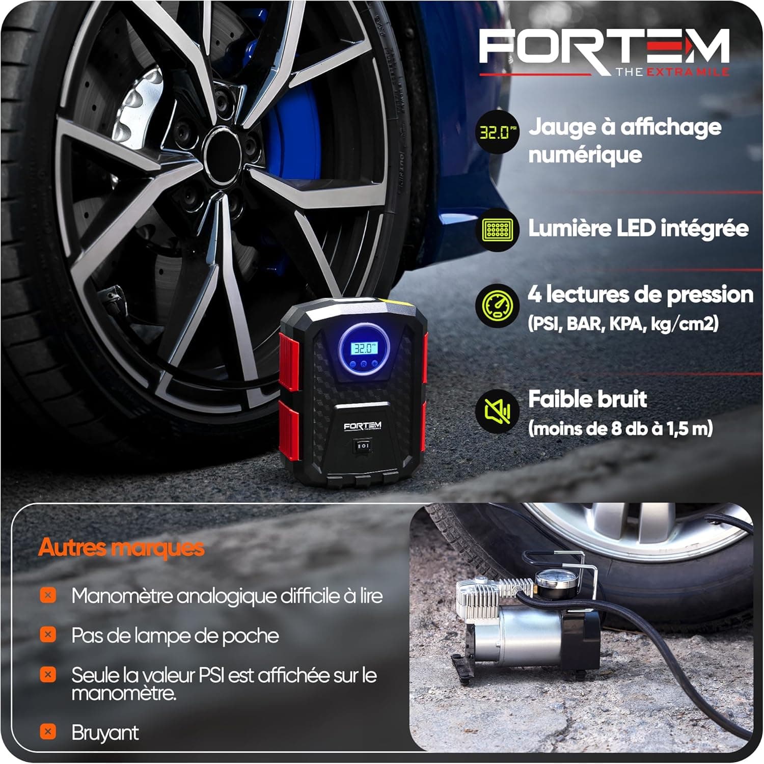 FORTEM Gonfleur pneus Voiture - Compresseur 12V - Compresseur à air portatif Automatique (150 PSI) - Gonfleur Pneu Voiture avec éclairage LED - Compresseurs d'air Portatifs - Moto & Vélo