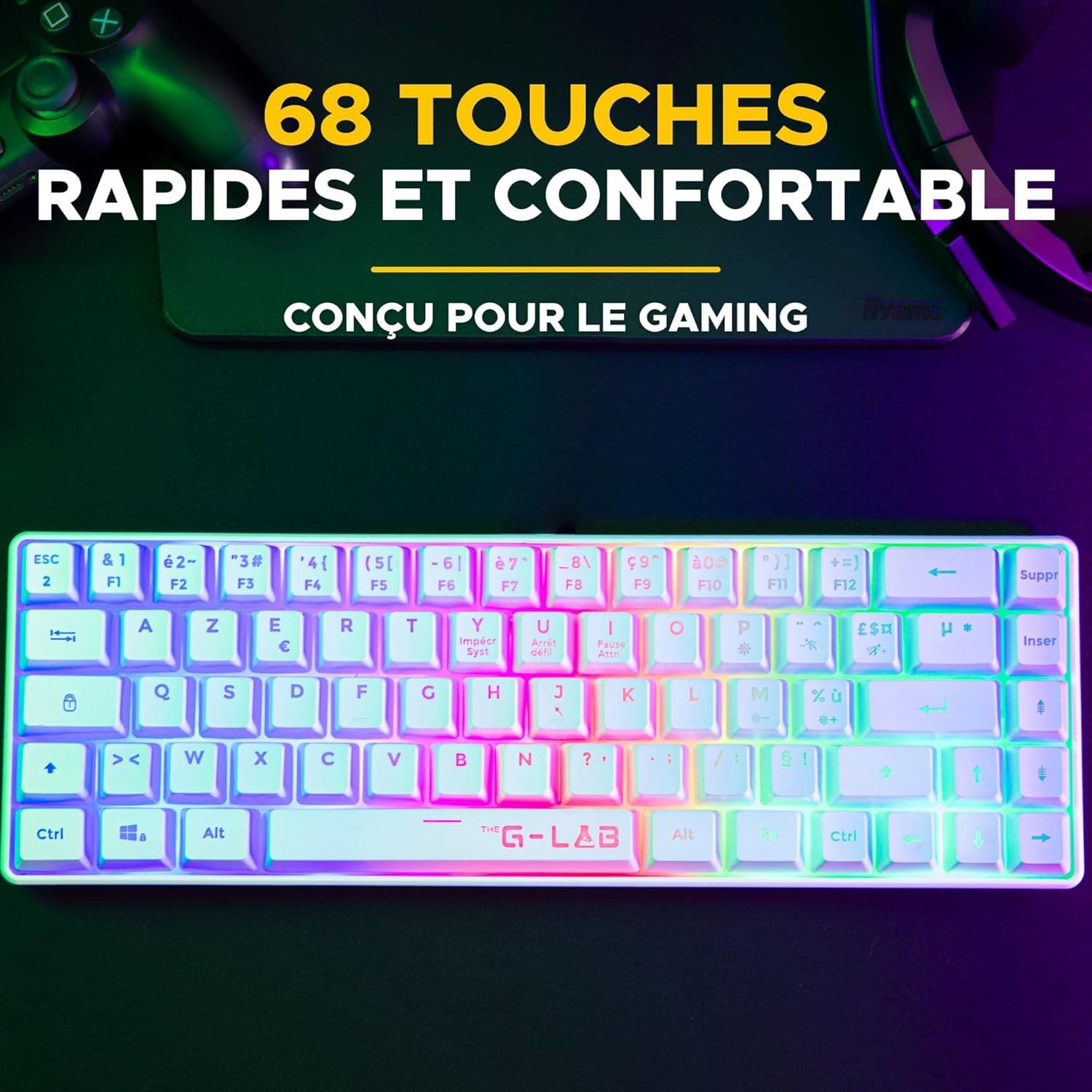 The G-Lab Keyz Hydrogen, Clavier Gamer 60%, Semi-mécanique Filaire Azerty, Rétroéclairage Multicolore- Mini Clavier Gamer Silencieux, Format Compact TKL - PC/PS5 (Blanc) | Filaire USB, Format 60% Compact, Semi-mécanique, Rétroéclairage Multicolore, Silencieux, Blanc, Compatible PC/PS5