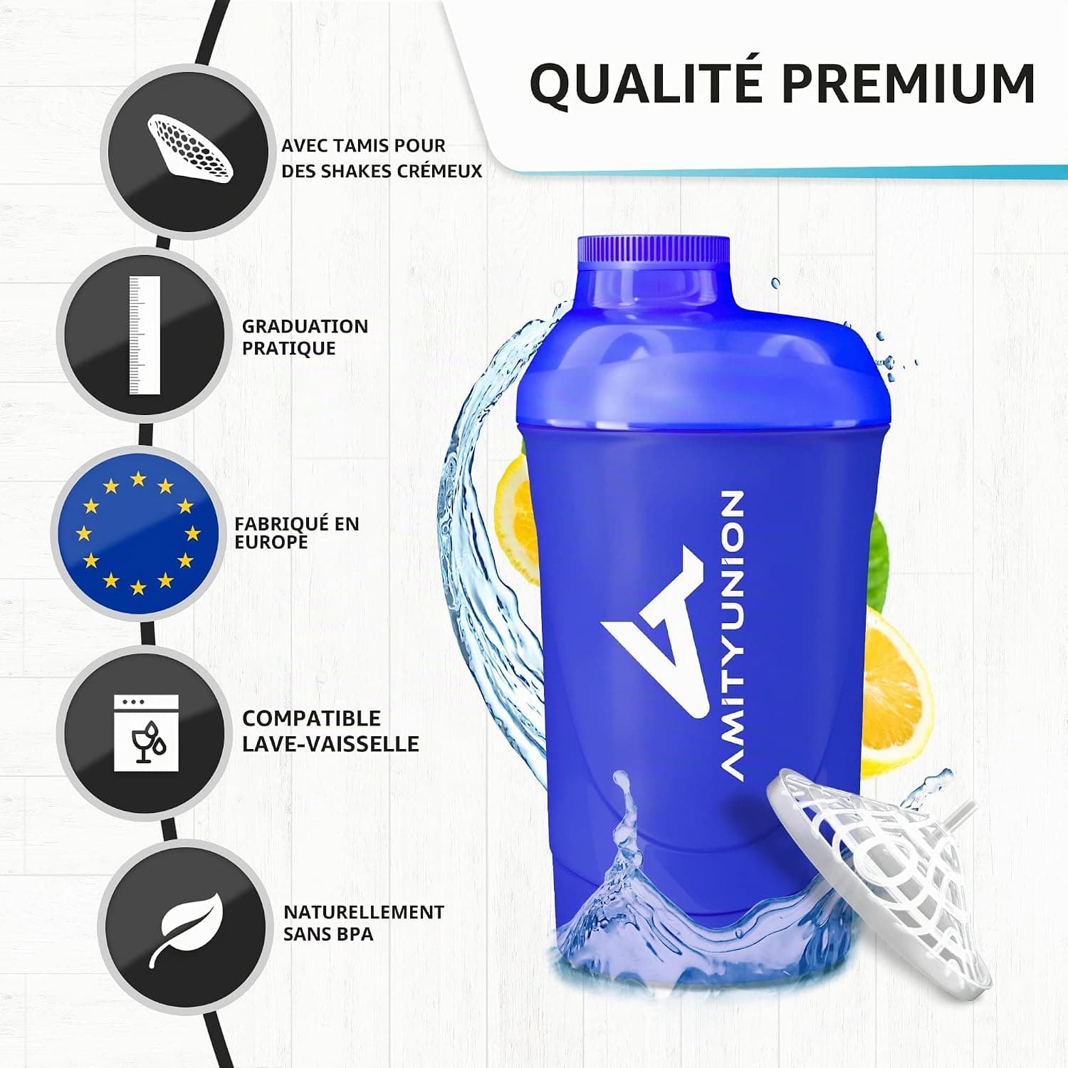 AMITYUNION Shaker à protéines 800 ml avec tamis - Gobelet fitness Deluxe | Protéines anti-fuite - Sans BPA, avec graduation pour shakes crémeux à base de protéines de lactosérum