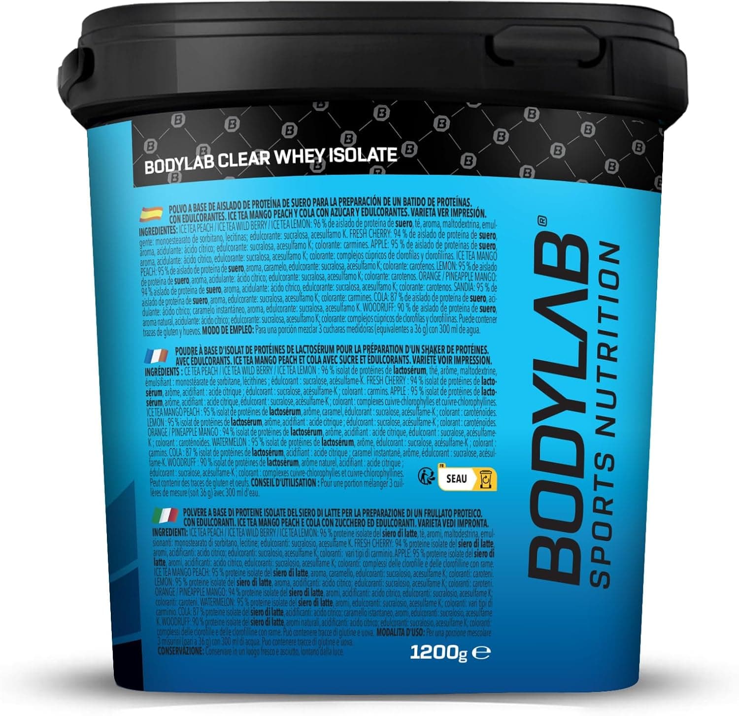 Bodylab24 Clear Whey Isolate Mojito 1200 g, shake protéiné composé jusqu'à 96 % d'isolat de protéines de lactosérum de qualité supérieure, boisson fruitée rafraîchissante, la poudre de protéines de