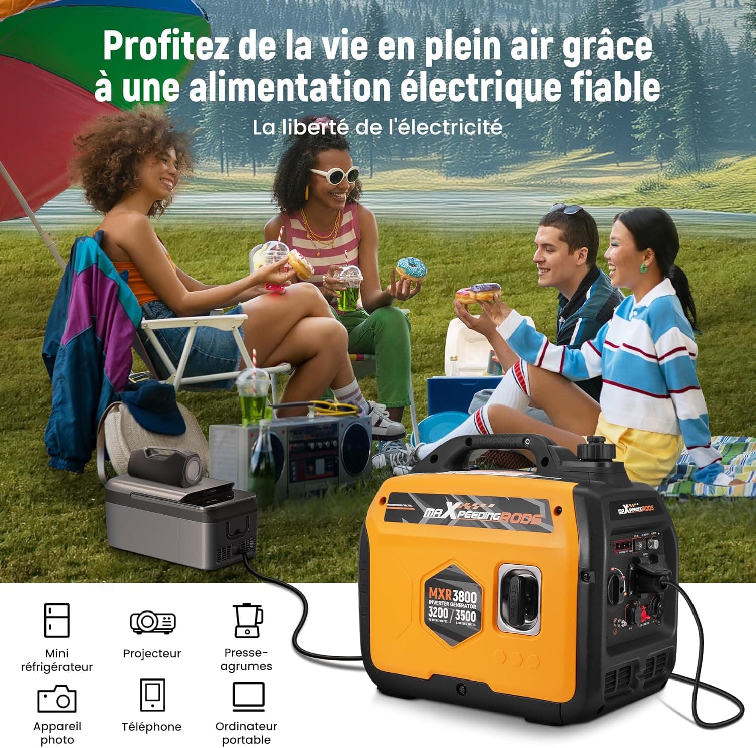 maXpeedingrods 3500W Groupe Electrogene Silencieux Inverter Essence | 4 Temps Generator Léger Secours avec Prises USB et 230V Générateur Electrique pour les Caravanes, Jardin, Camping