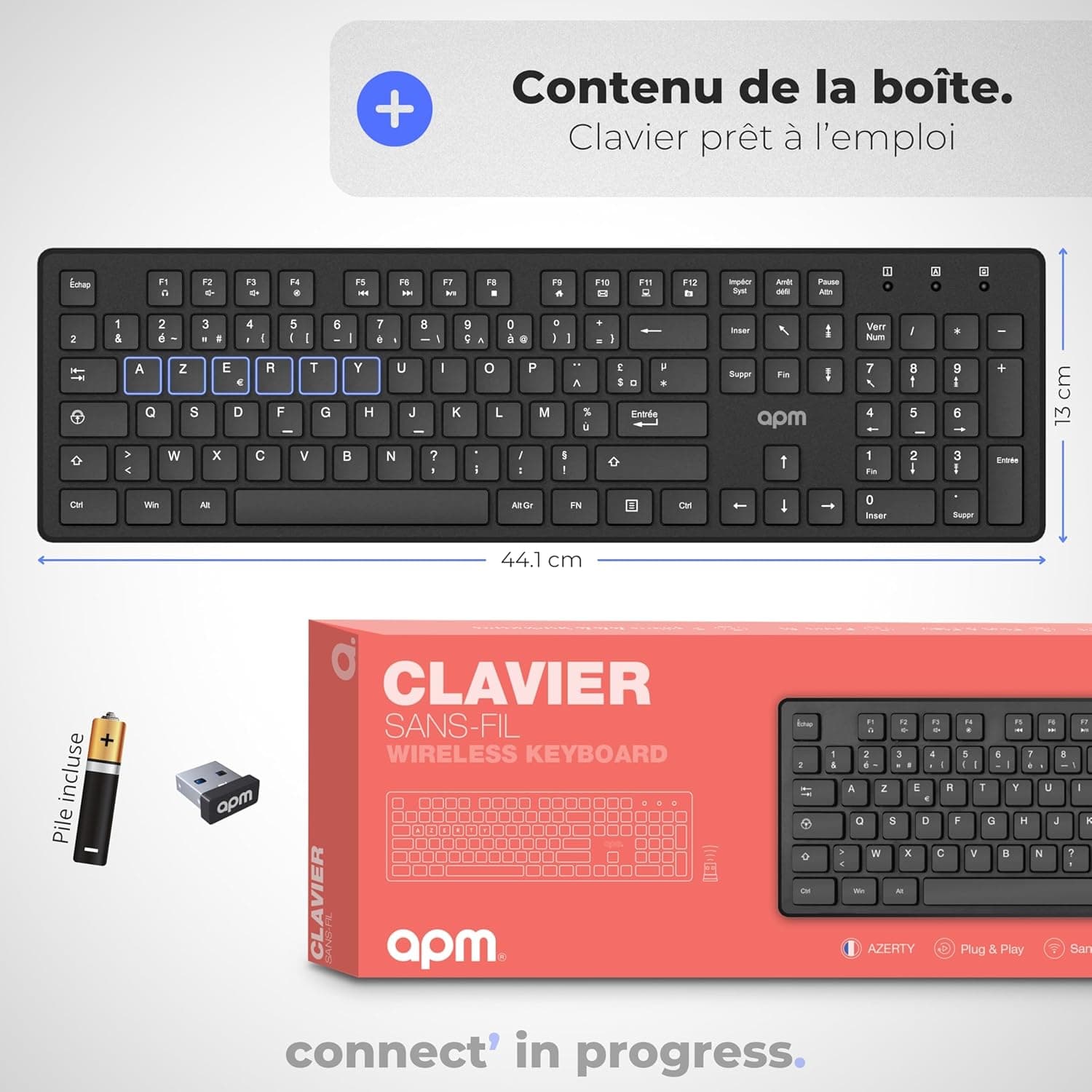 APM Clavier Sans-Fil, 2.4GHz, AZERTY, 105 Touches Ergonomiques, Raccourcis Multimédias, Compatible avec Ordinateur PC Portable MacOS Windows Linux, 100041