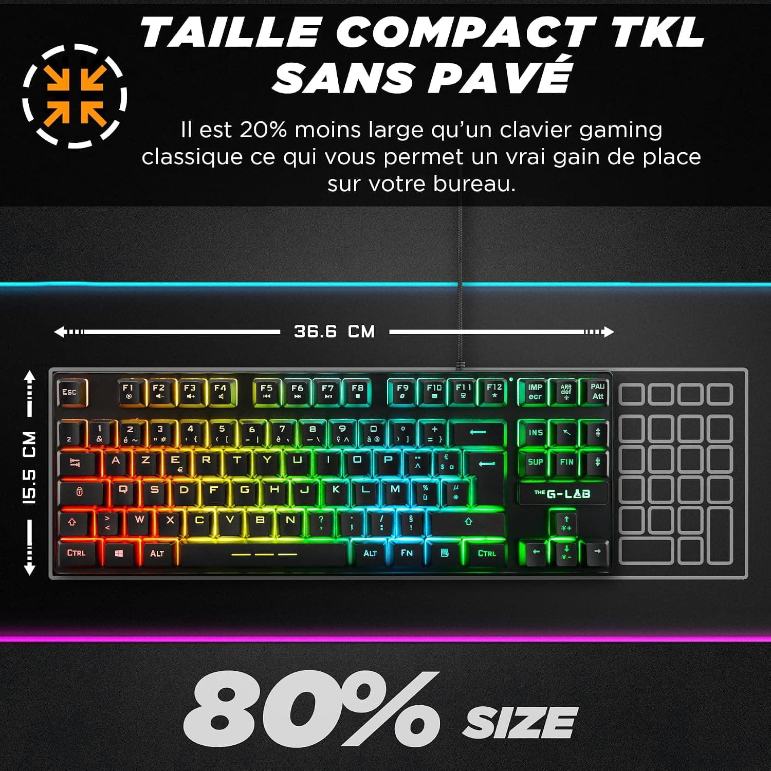 The G-Lab Keyz Caesium TKL Clavier Gamer TKL 87 Touches Filaire USB AZERTY Français, Rétro-Éclairage LED Multicolore - Clavier Gaming Compact sans Pavé Numérique pour PC/PS4/PS5/XBOX (Noir) | Filaire USB, Format TKL 87 Touches sans Pavé Numérique, Rétroéclairage LED Multicolore, Noir