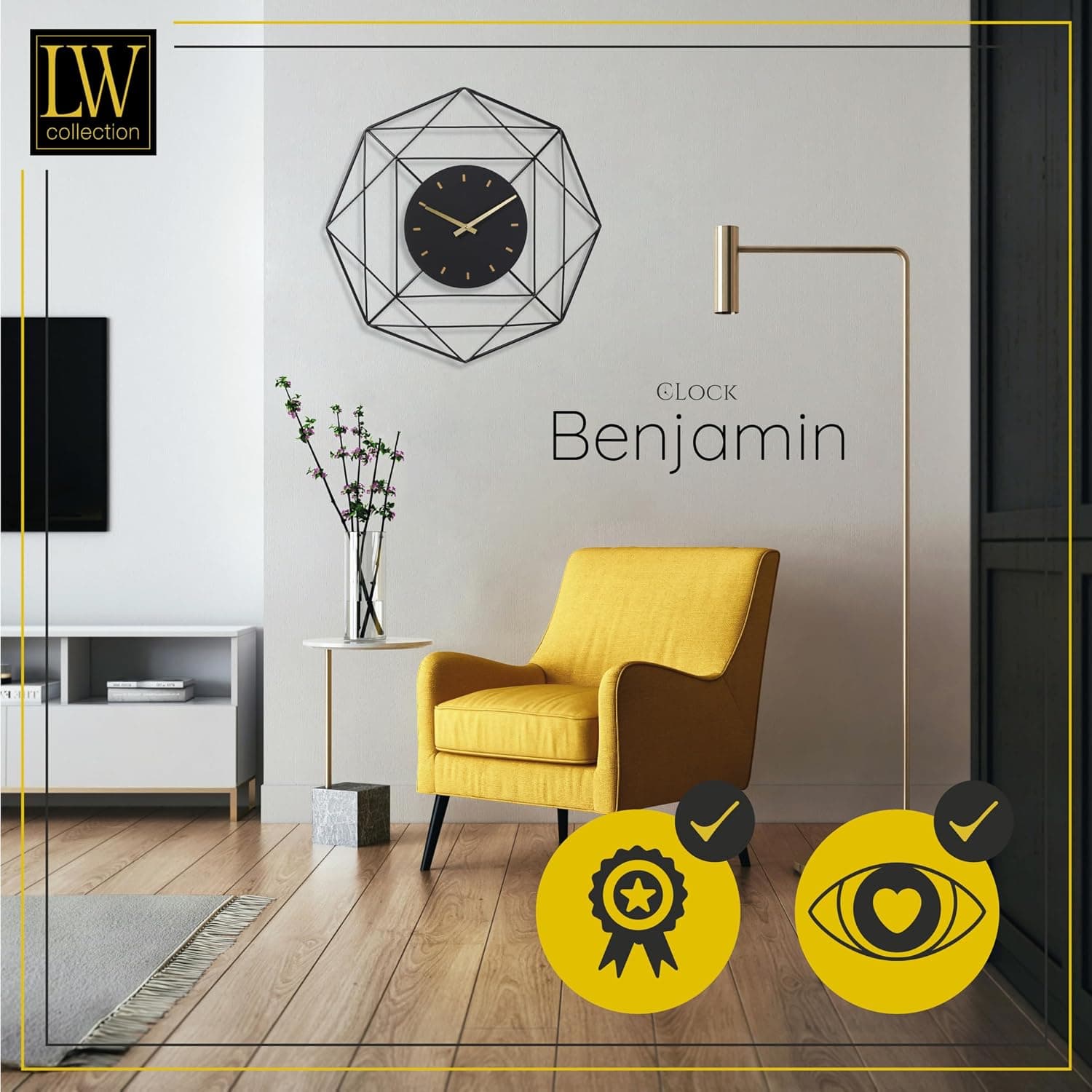 LW Collection Horloge Murale Benjamin Noir 60 cm - Grande Horloge Murale Industrielle en Métal - Horloge Murale Moderne - Mouvement Silencieux - Horloge Silencieuse