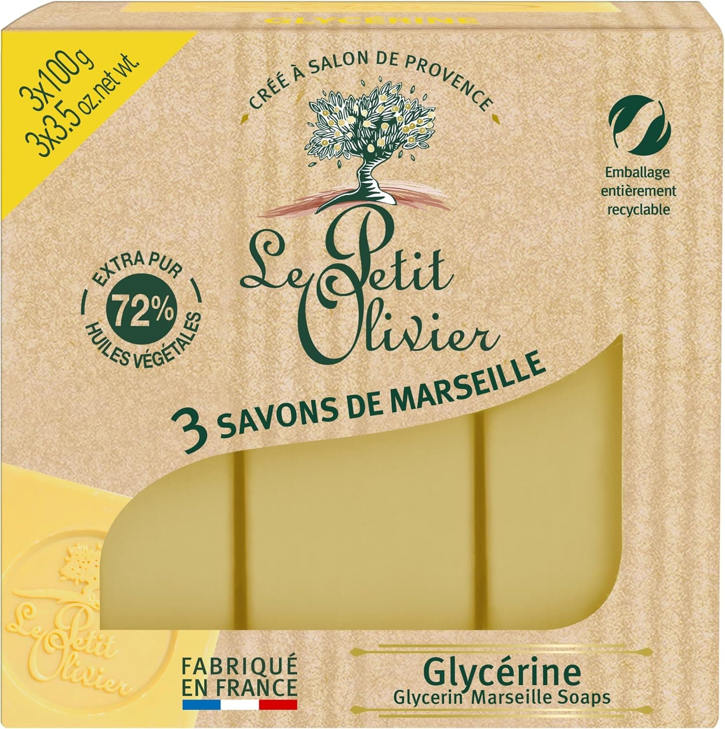 LE PETIT OLIVIER 3 Savons de Marseille à la Glycérine 3x100g
