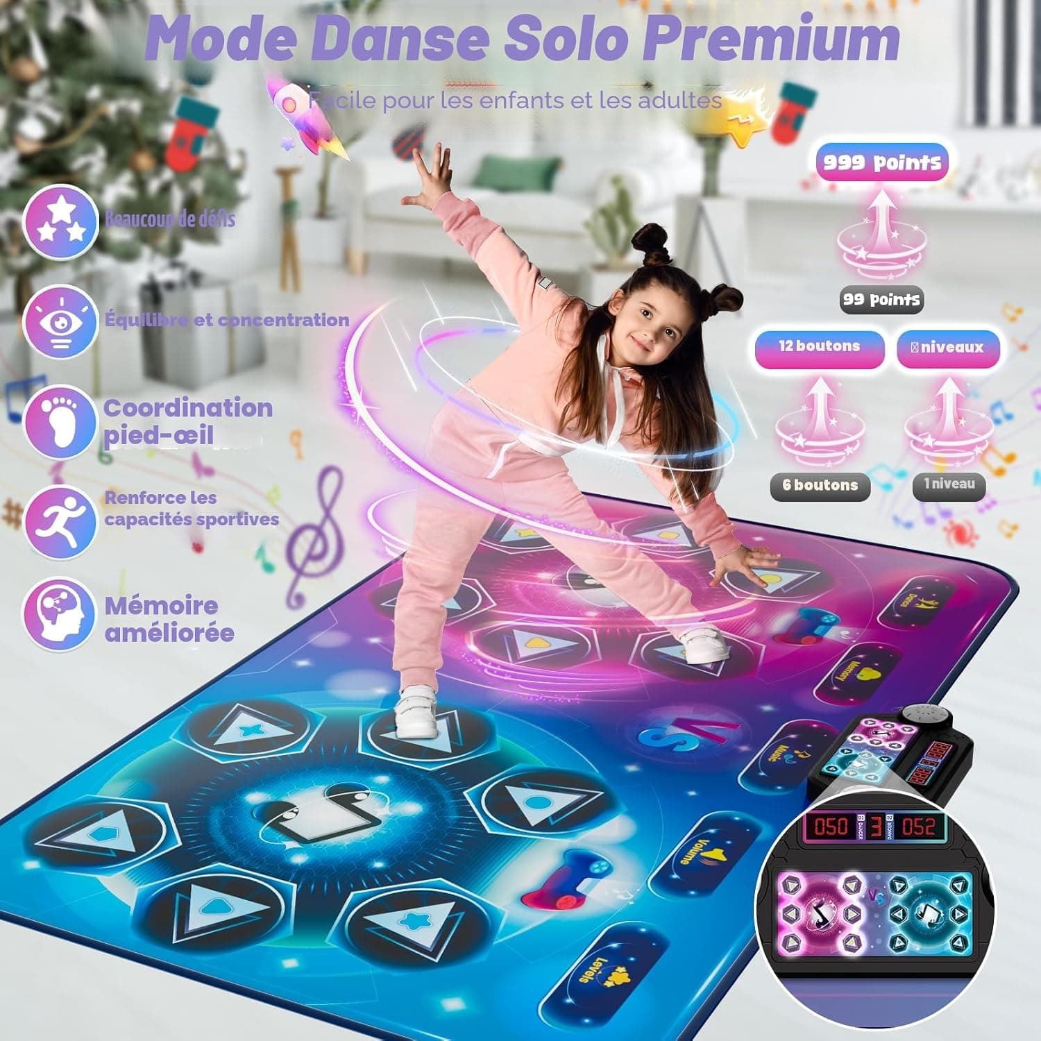 Tapis de danse pour deux utilisateurs, électronique, mode solo et mode deux joueurs, tapis de jeu, avec boîtier de batterie LED, jouet, cadeau d'anniversaire pour filles et garçons de 3 à 12 ans