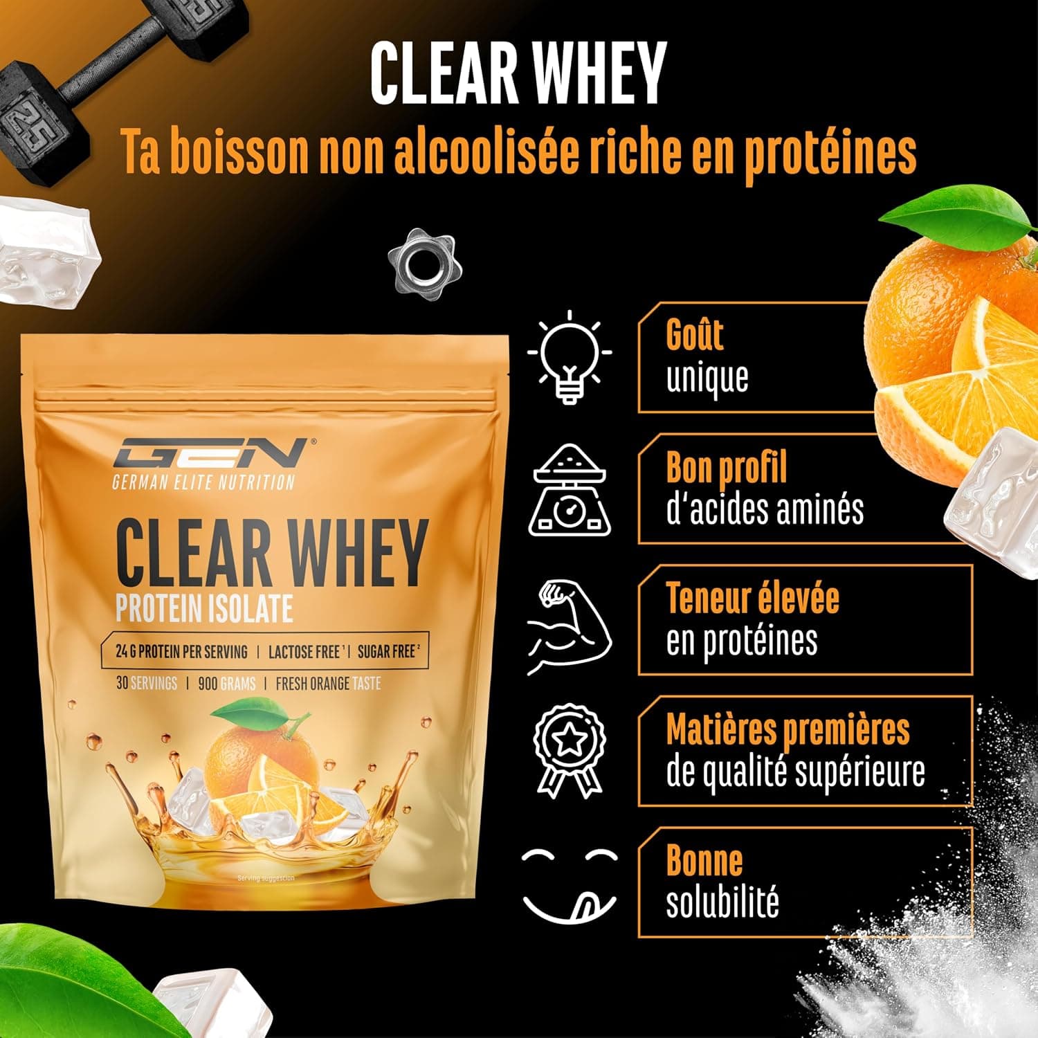 Clear Whey Isolate Protein Shake - Shake Protéiné Fruité & Rafraîchissant - Isolat de Protéines de Lactosérum de haute Qualité (900g, Orange Fraîche)