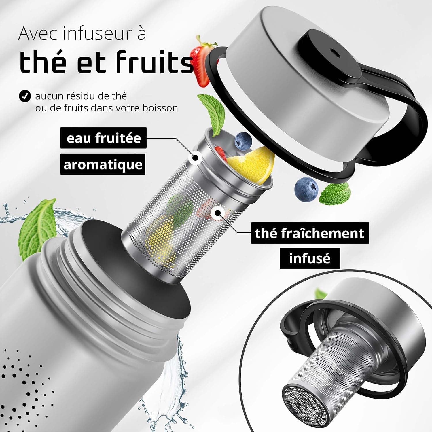 Gourde Inox Isotherme ACTIVE FLASK 1l/500ml sans BPA + Paille (3 Bouchons) | Bouteille d’eau Acier Inoxydable Isolée, Thermos Réutilisable | Camping Velo Sport Running Randonnée Enfant, Café The