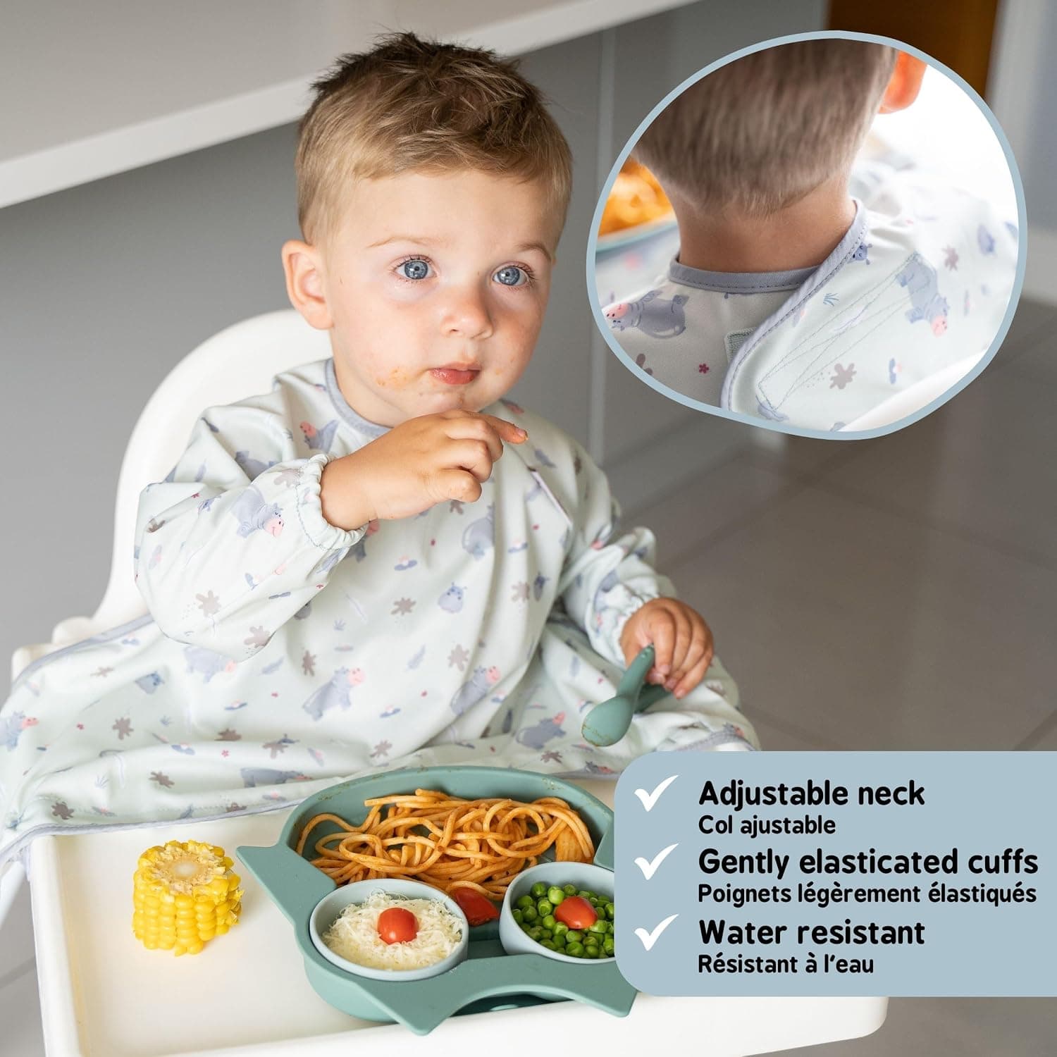 Tidy Tot®TM Cover & CatchTM Bavoir couvrant pour bébé. Bavoir d'alimentation avec manches. Se fixe sur les chaises hautes. Bavoirs à manches. Bavoirs DME pour chaise haute de nourrisson, bébé et enfant.