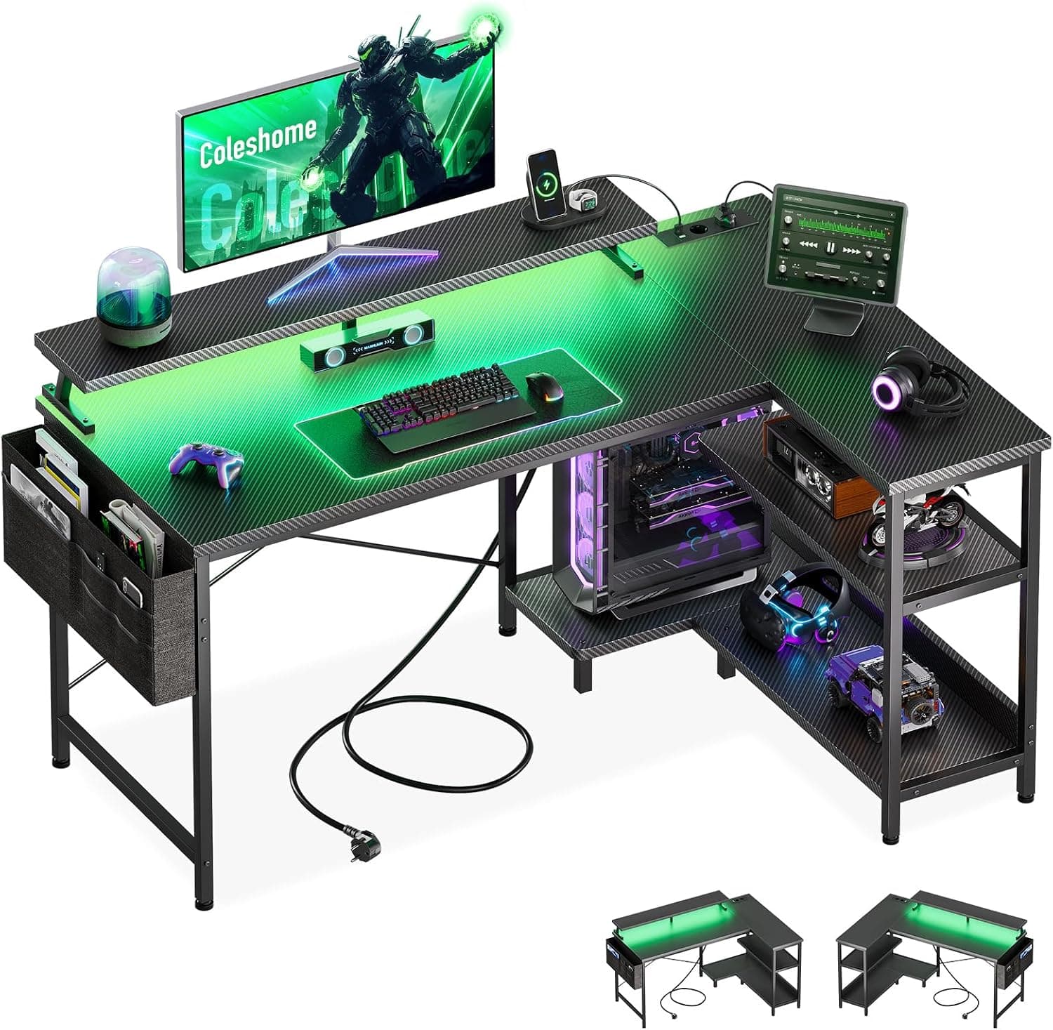 Coleshome Bureau Gaming LED, 120x80cm, Carbone Noir