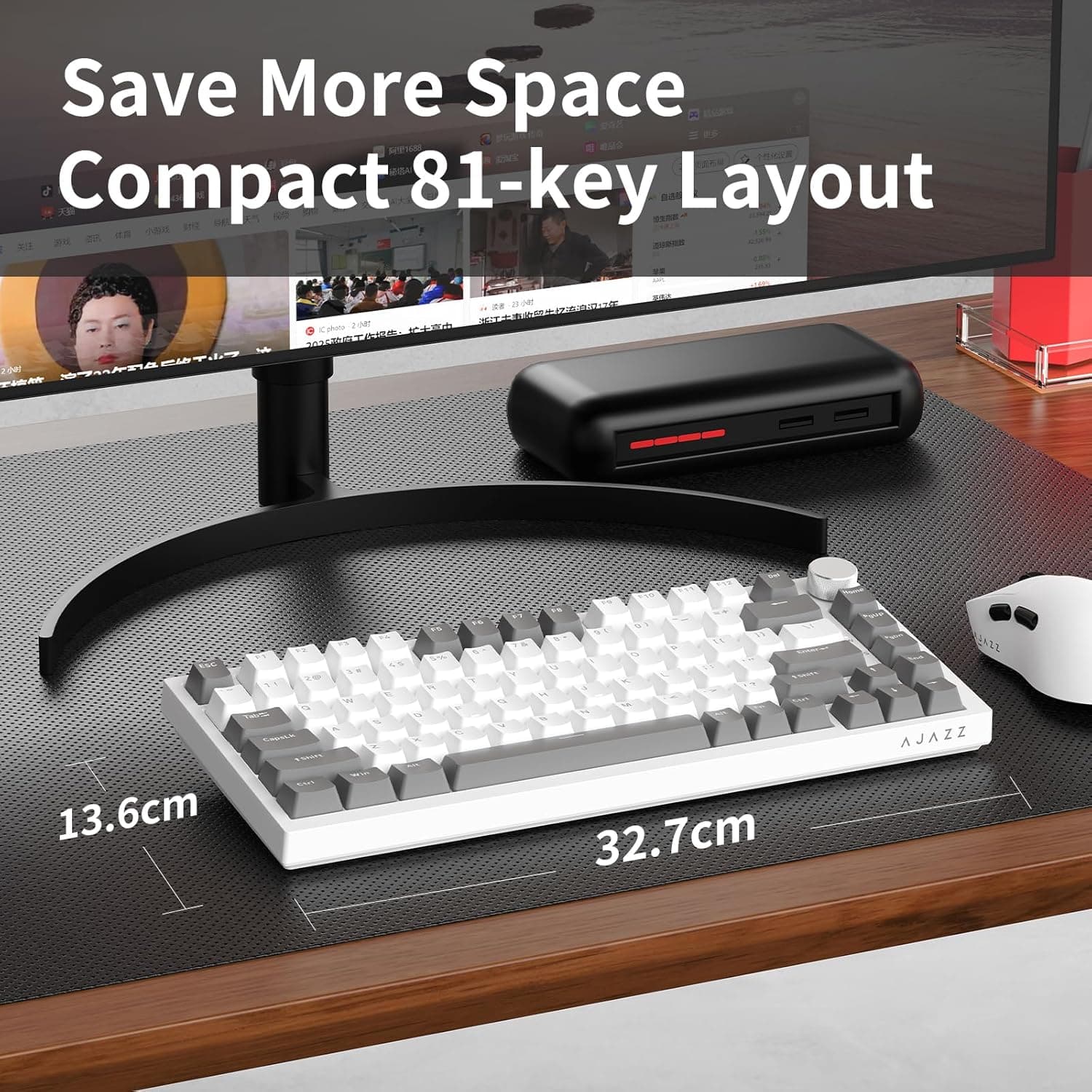 AJAZZ AK820 Mechanical Keyboard, 75% Hot Swappable Wired Volume Control Knob, PBT Keycaps, Five-Layer Sound Insulation Pad, 82-Key Gaming Keyboards, Grey White