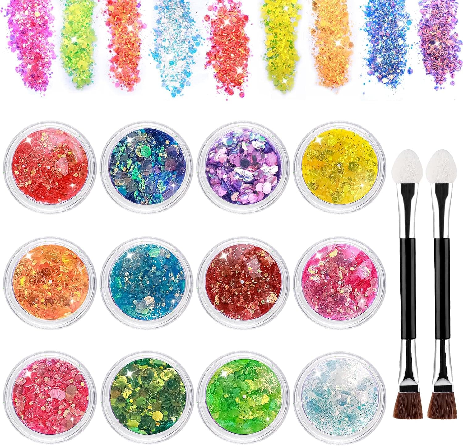 Giantree Festival Paillettes Visage avec 2 Pinceaux à Double Tête en Coton - 12 Couleurs pour Déguisement Festif, Ongles, Cheveux, Lèvres, Corps - Christmas Maquillage Glitter (Couleur 2)
