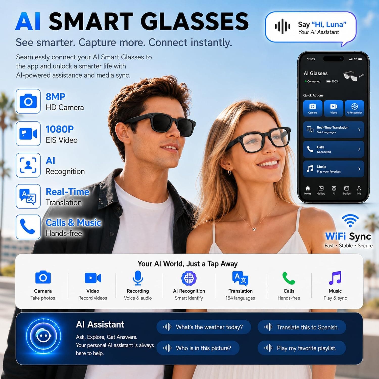 Lunettes Connectées IA Caméra 8MP Traduction en Temps Réel Assistant Vocal