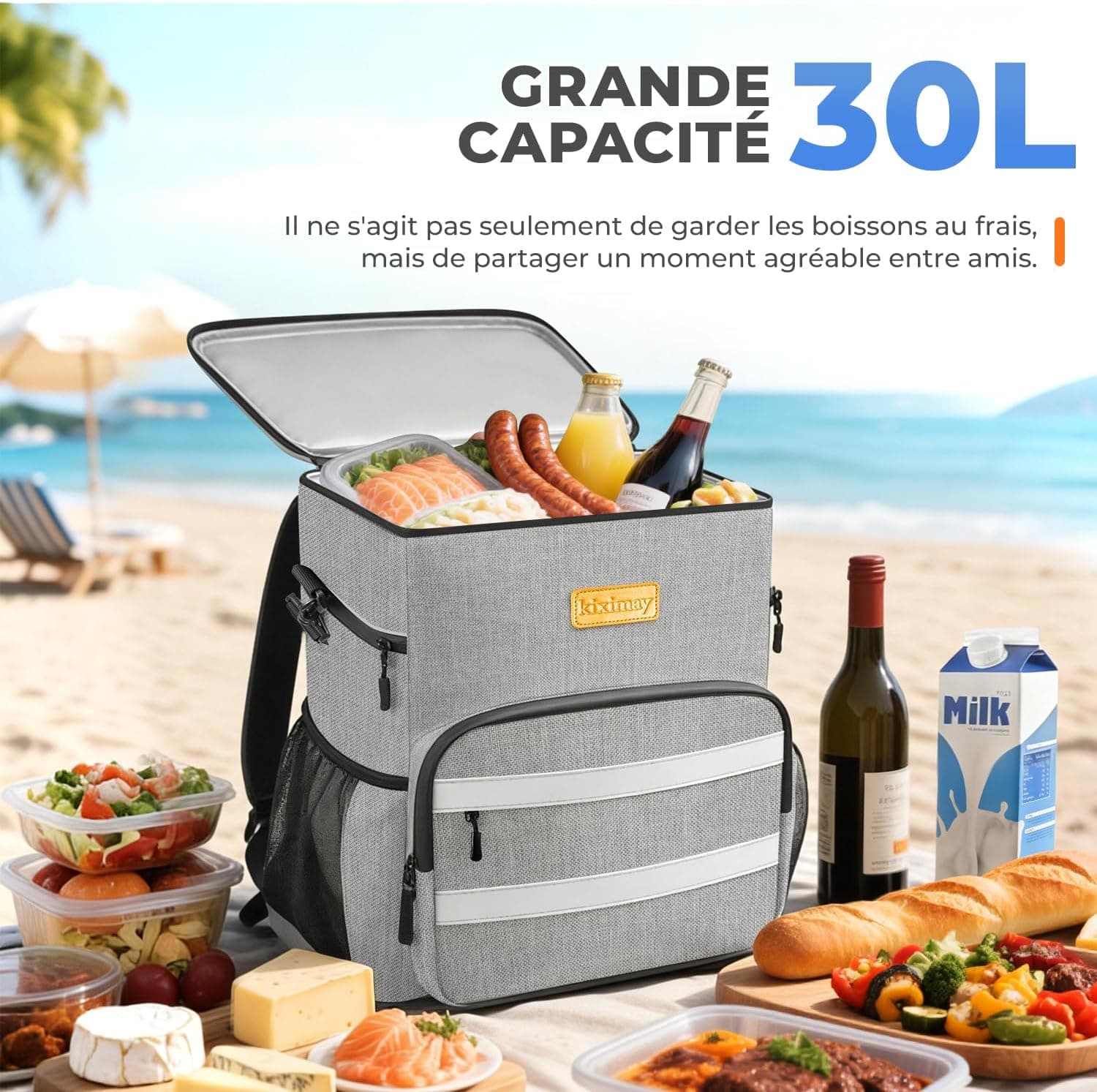 Sac à Dos Isotherme 30L Pliable - Grand Capacité, Maintient au Frais 24H, Léger et Imperméable pour Pique-Nique, Plage, Voyage, Pêche, Barbecue, Gris