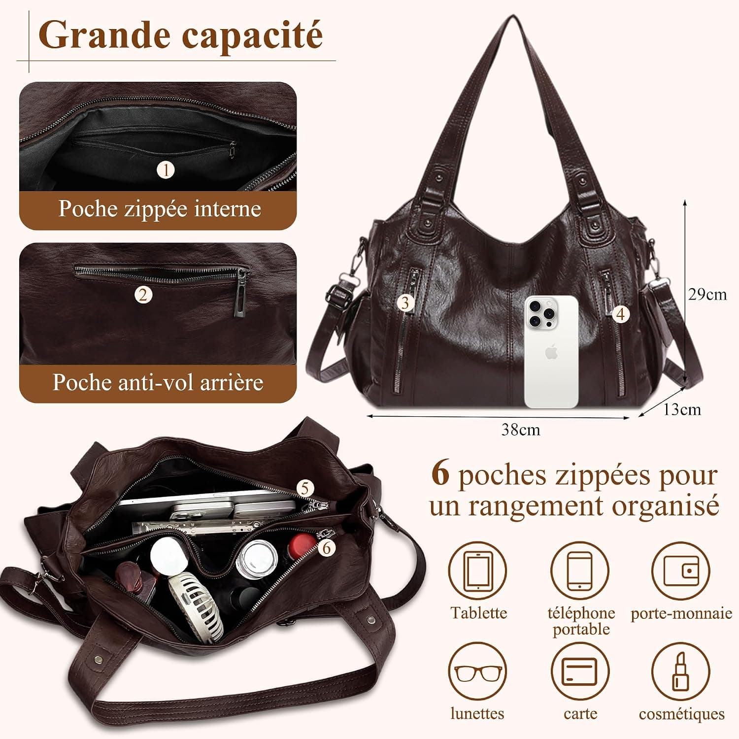 Sac À Main Femme PU, Sac Épaule Bandoulière, Cabas Moyen | Sac Moyen Femme Y2K Vintage, Style Rétro Élégant, Rigide Grande Capacité Pour Travail, Shopping, Voyage Quotidien