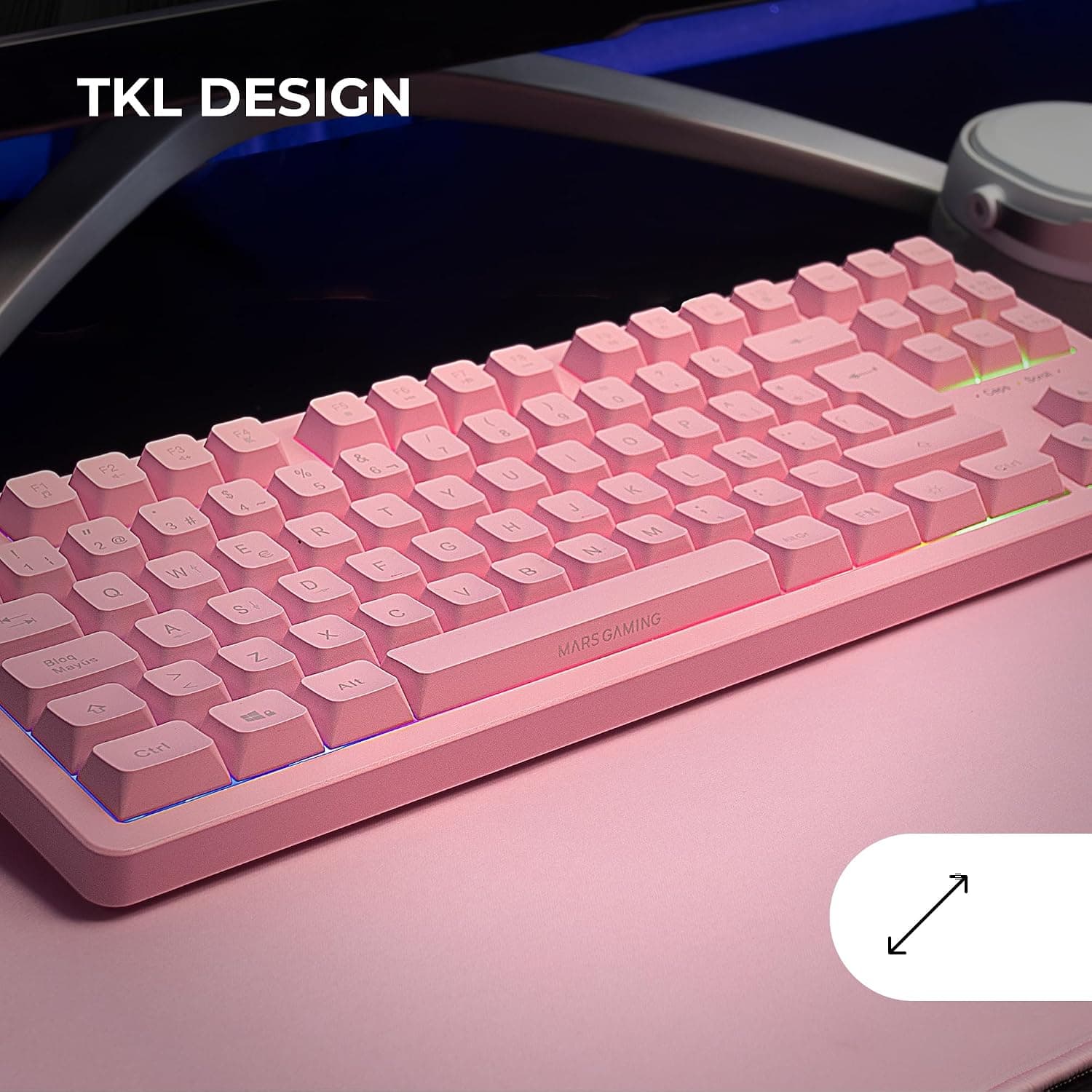 Mars Gaming MK023, Langue Français, Clavier Gaming TKL, Technologie Hybride H-Mech, Éclairage FRGB Rainbow, Anti-ghosting, Compatibilité Universelle, Rose