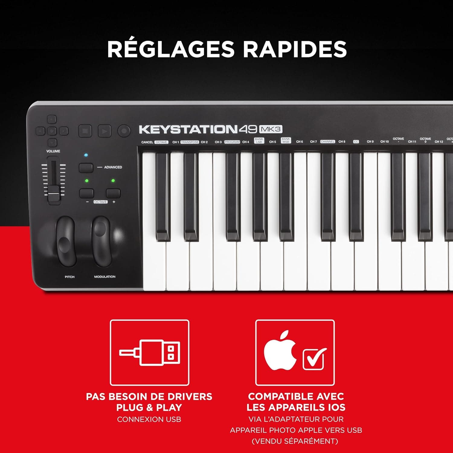 M-AUDIO Keystation 49 MK3 Controleur USB MIDI | Clavier 49 Touches Synth-Action, Commandes Assignables, Molettes Pitch/Mod et Logiciel DAW Inclus