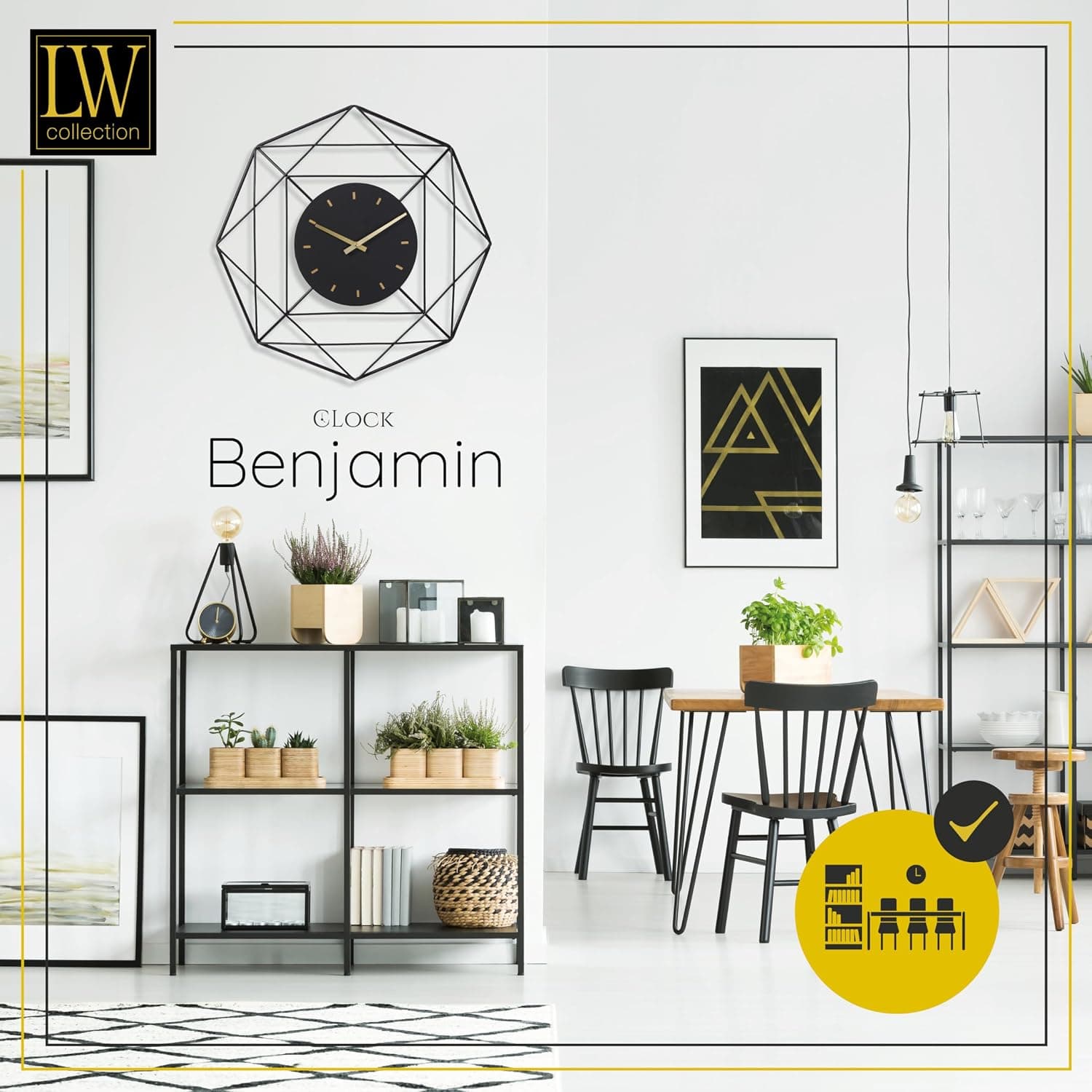 LW Collection Horloge Murale Benjamin Noir 60 cm - Grande Horloge Murale Industrielle en Métal - Horloge Murale Moderne - Mouvement Silencieux - Horloge Silencieuse