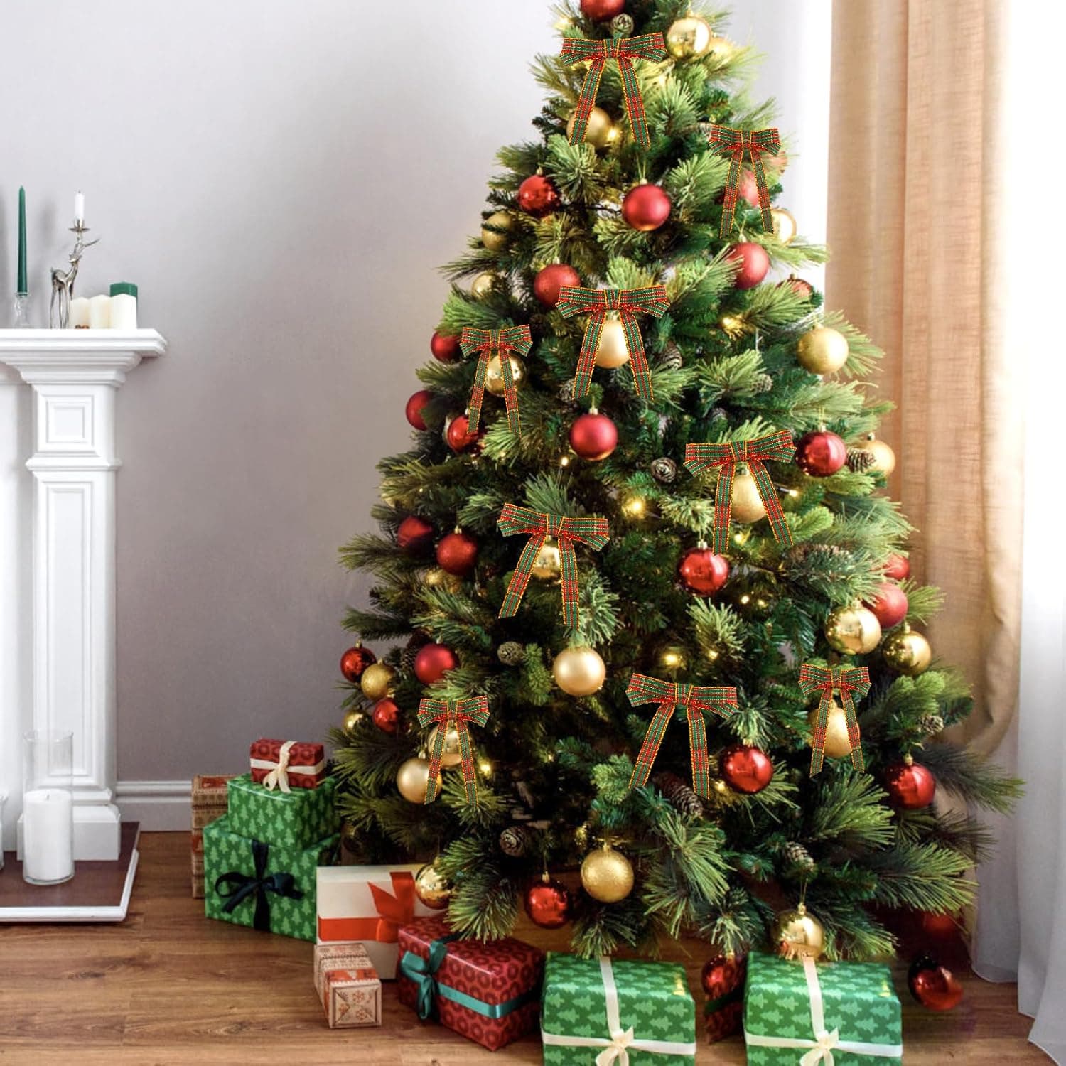 jijAcraft Ruban de Noël 10 mm de large, ruban décoratif de Noël rouge et vert, ruban à carreaux avec bord doré, ruban cadeau de 22 m pour bricolage, emballage cadeau et décoration de Noël