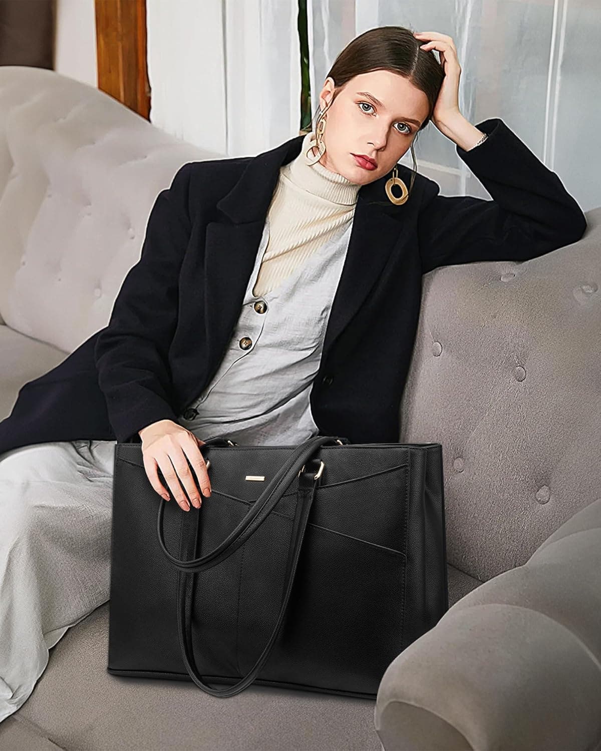 LOVEVOOK Sac Cabas Femme Sac a Main, Sac Ordinateur Portable 15,6 Pouces | Grande Capacité Imperméable Sac De Cours Sacoche Ordinateur, Sac à Main Pour Voyage Affaires Travail, Noir