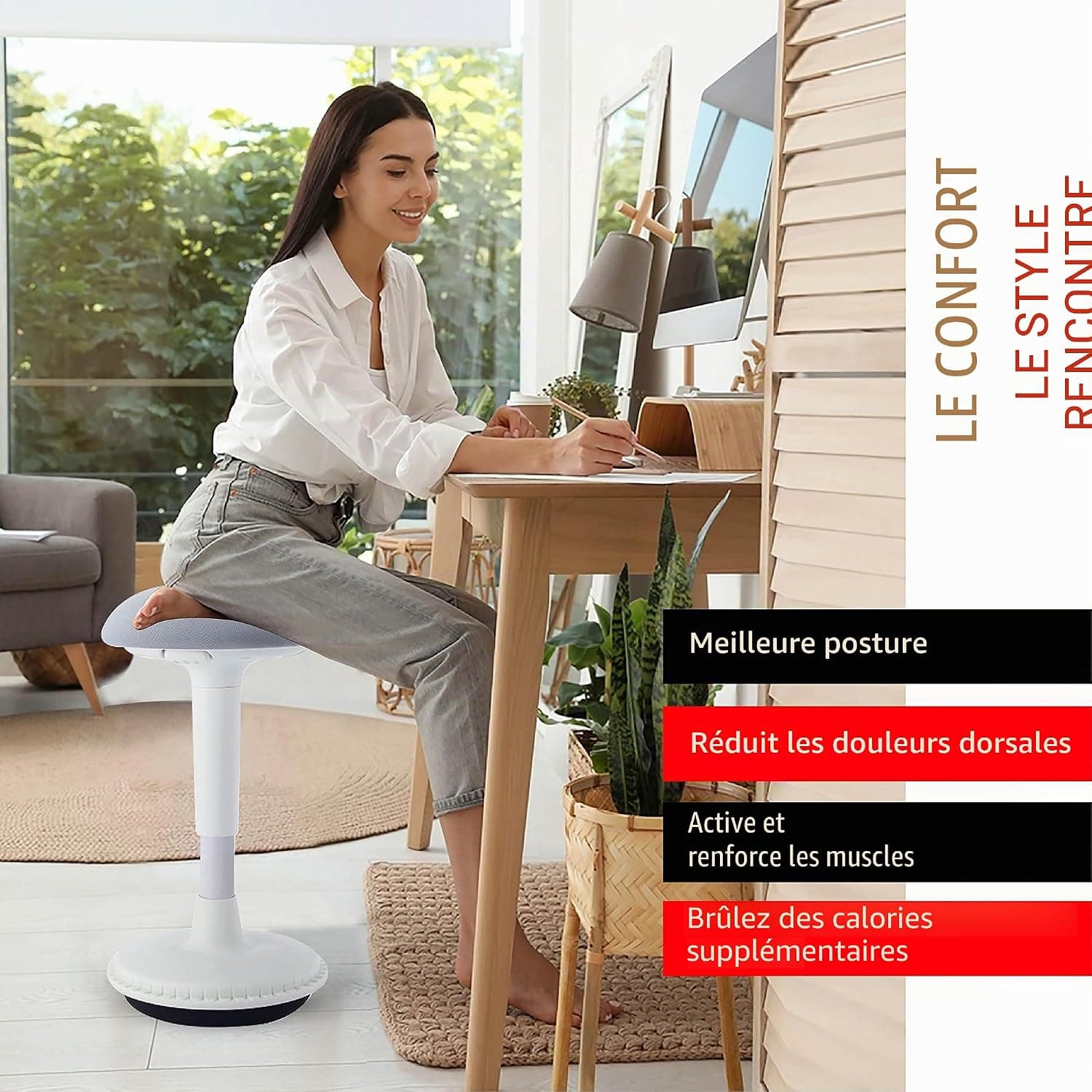 tabouret ergonomique réglable en hauteur pour s'asseoir et se tenir debout (blanc, version 65-85) – Tabouret de bureau oscillant