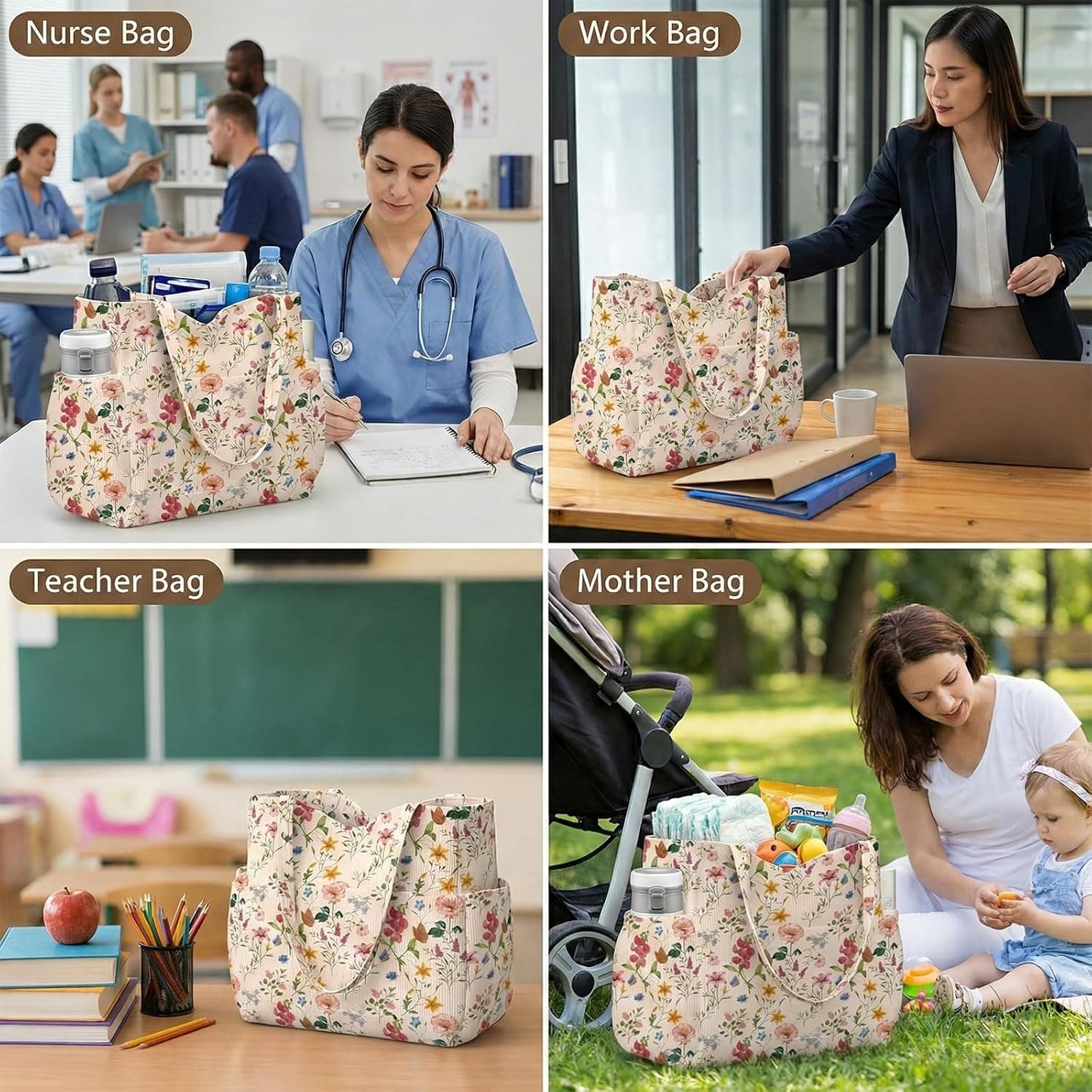 Grande Sac Shopping en Côtelé pour Femmes – Joli Sac à Épaule Aesthétique, Sac en Toile Réutilisable avec Fermeture Éclair et Poches Multiples pour Travail École Gym Voyage