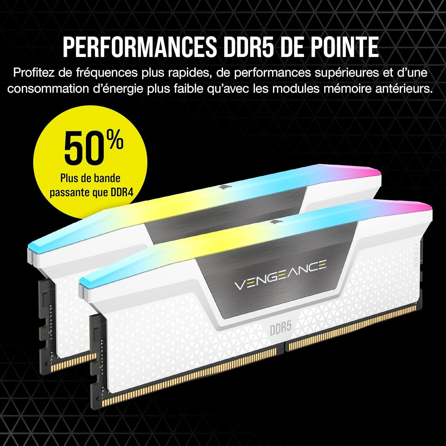 CORSAIR Vengeance RGB DDR5 32Go (2 x 16Go) Jusqu'à 6000MHz AMD Intel RAM | Mémoire pour Ordinateur de Bureau, Compatible AMD EXPO et Intel XMP 3.0, CL36, Blanc, CMH32GX5M2E6000Z36W