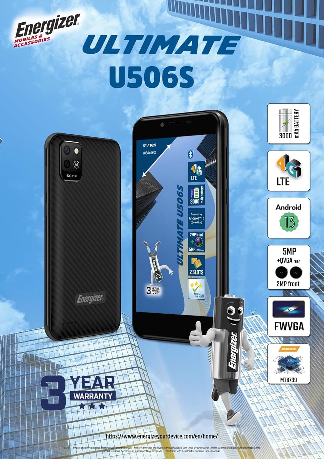 Energizer - Smartphone U506S - Pas Cher Débloqué 2GB RAM / 32GB ROM - Ecran 5" - 3000 mah Batterie - Caméra 5MP+QVGA arrière / 2MP Avant - Android 13 GO - Noir - Double SIM