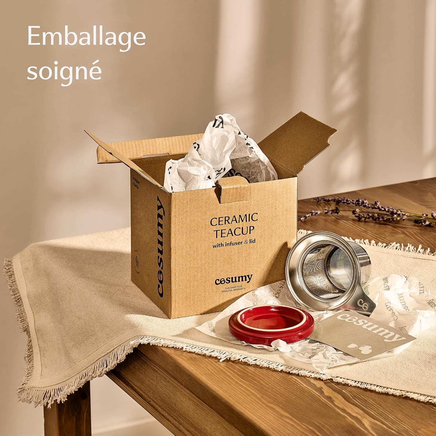 Cosumy Tasse à Thé avec Infuseur et Couvercle 400ml Grand - Céramique - Reste Chaud Longtemps (Rouge Rubis)