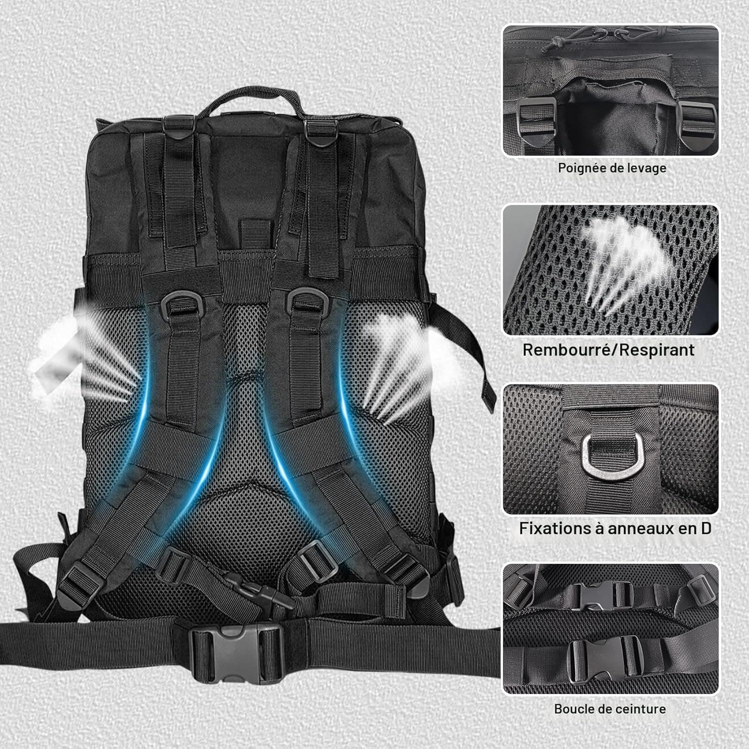 HEMSO Grand Sac à Dos Militaire 45L,Sac de Voyage Système MOLLE,Sac Crossfit de Sport pour Randonnée Trekking Moto Camping Voyage Pêche Alpinisme École (Noir)