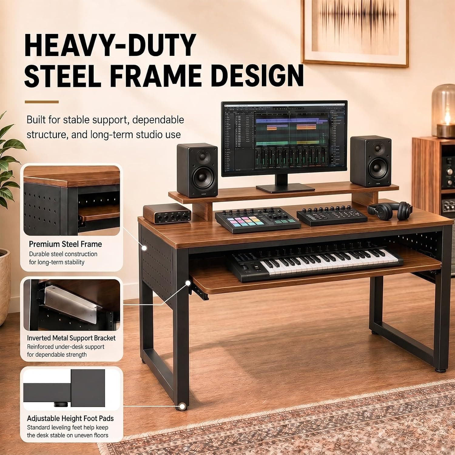Bureau Studio Musique avec Plateau Coulissant pour Clavier, 61/88 Touches MIDI et Piano numérique, Bureau avec Rangement(61 Touches(120 * 60cm))